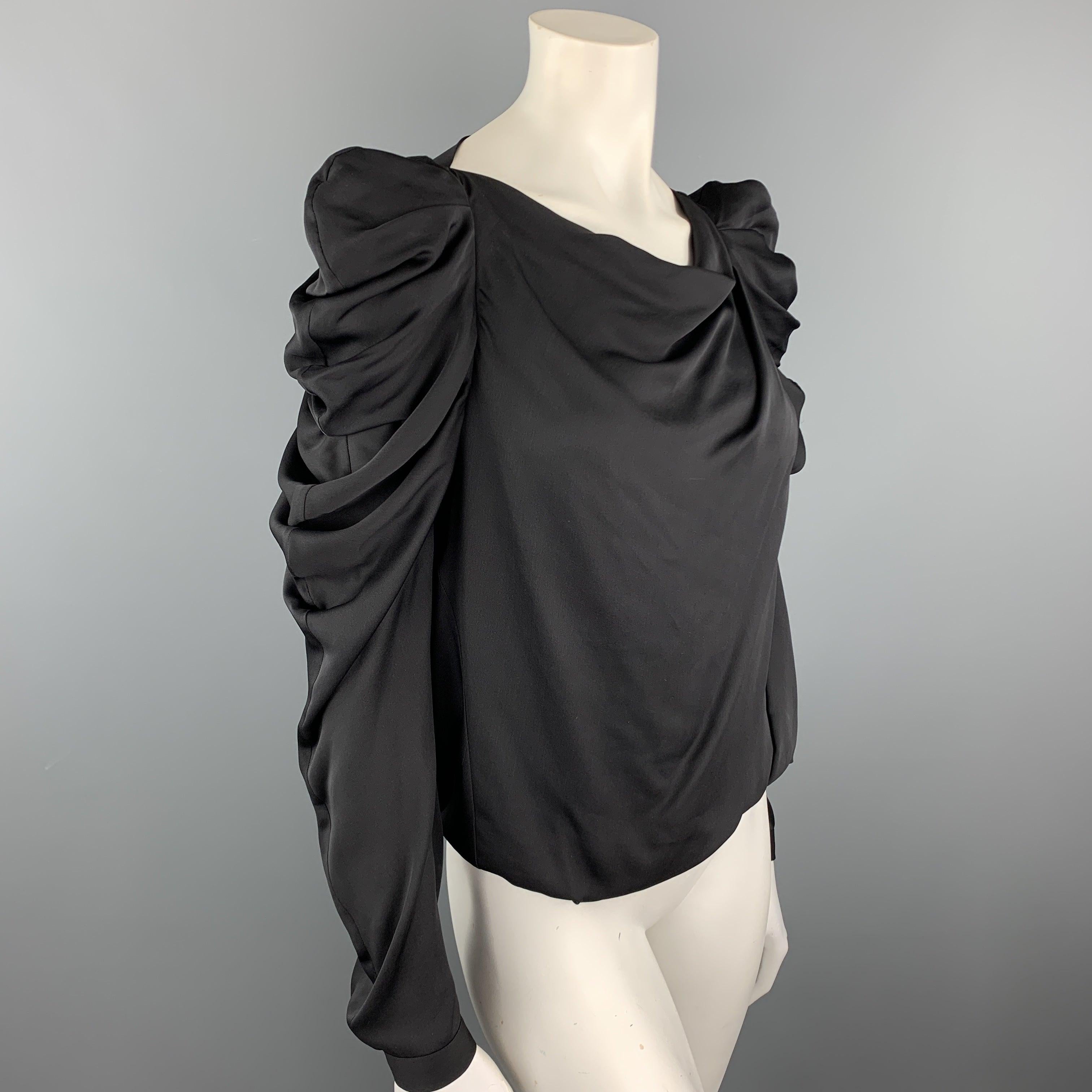 Women's VIKTOR & ROLF Size 4 Black Draped Silk Ruffle Shoulder Blouse For Sale