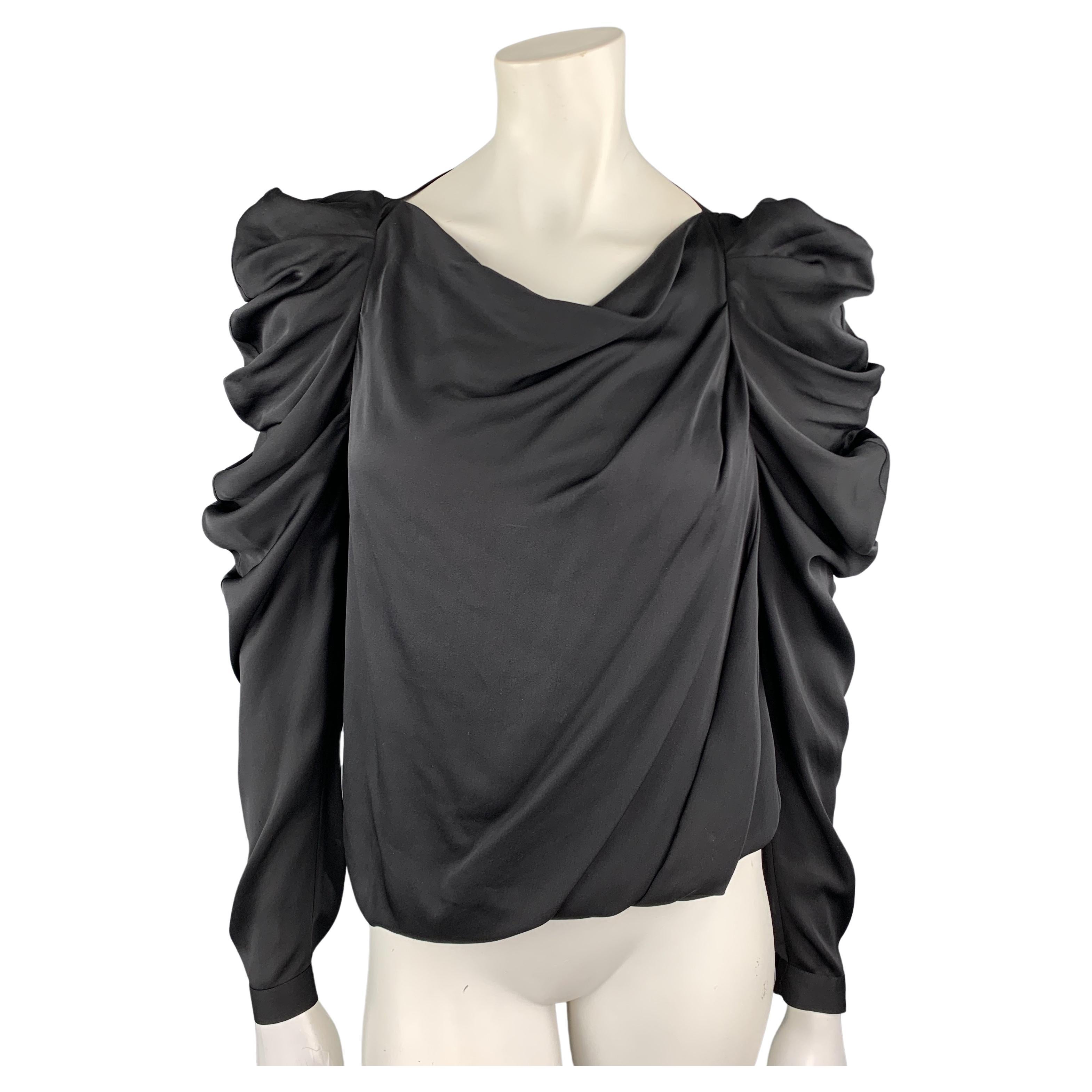 VIKTOR & ROLF Size 4 Black Draped Silk Ruffle Shoulder Blouse For Sale