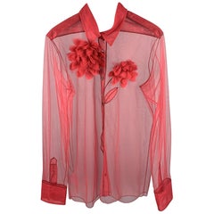 VIKTOR & ROLF Size M Red Tulle Floral Applique Western Shirt