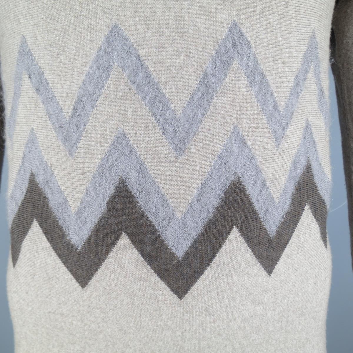 VIKTOR & ROLF Size M Taupe Knit Textured Zig Zag Wool / Mohair Pullover In Excellent Condition For Sale In San Francisco, CA