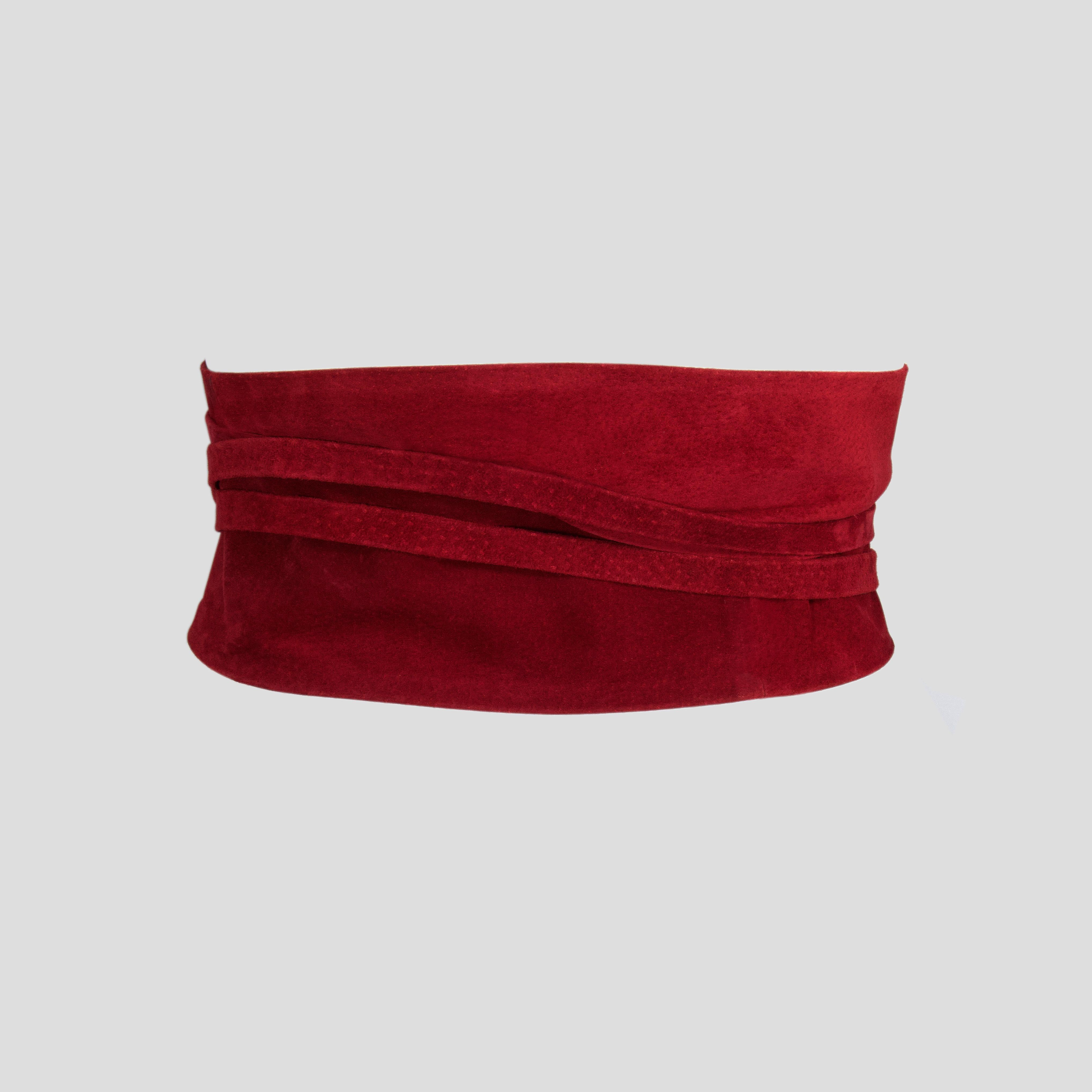 Product Details: Viktor Sabo - Red Suede - Wrap Belt - Wraparound Tie Detail / Fasten - NEW 
Label: Viktor Sabo 
Materials: Red Suede
Size: L
Belt Depth: 4 inches
Belt Length inc Tie Ends: 116 inches
Condition: NEW Without Tags