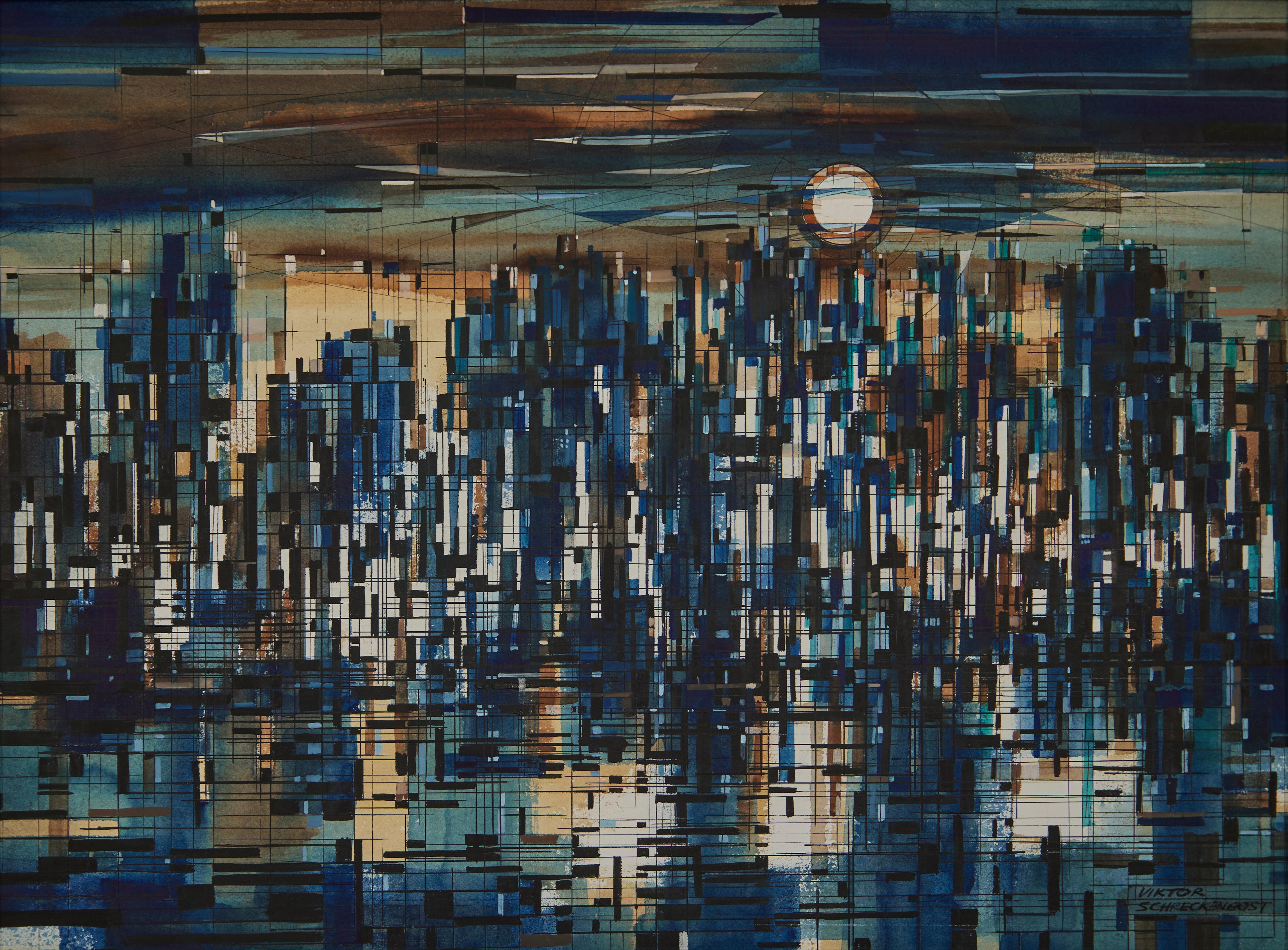20th Century Abstract Cityscape, Cleveland School Artist - Painting by Viktor Schreckengost