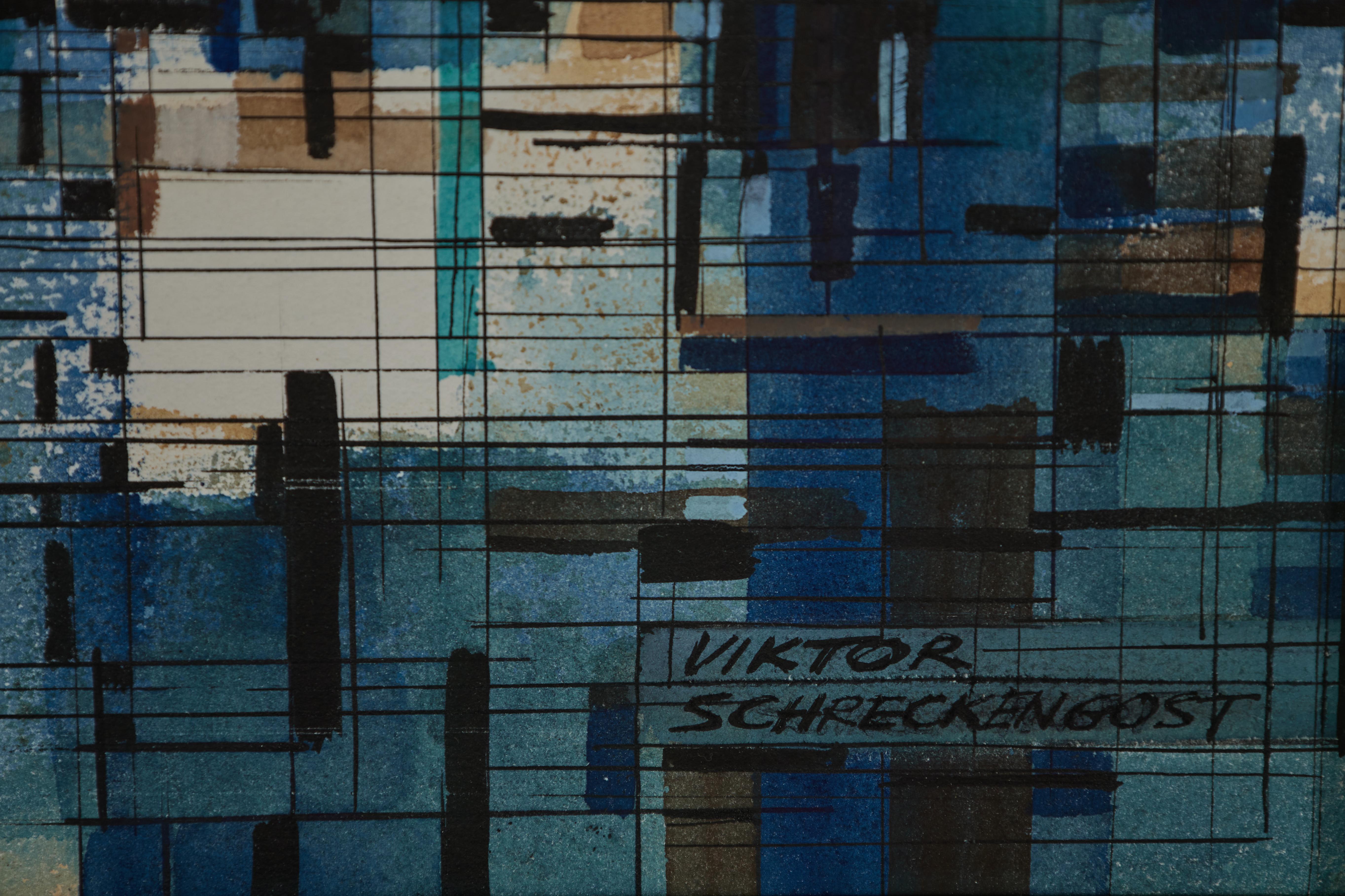 20th Century Abstract Cityscape, Cleveland School Artist - Black Figurative Painting by Viktor Schreckengost