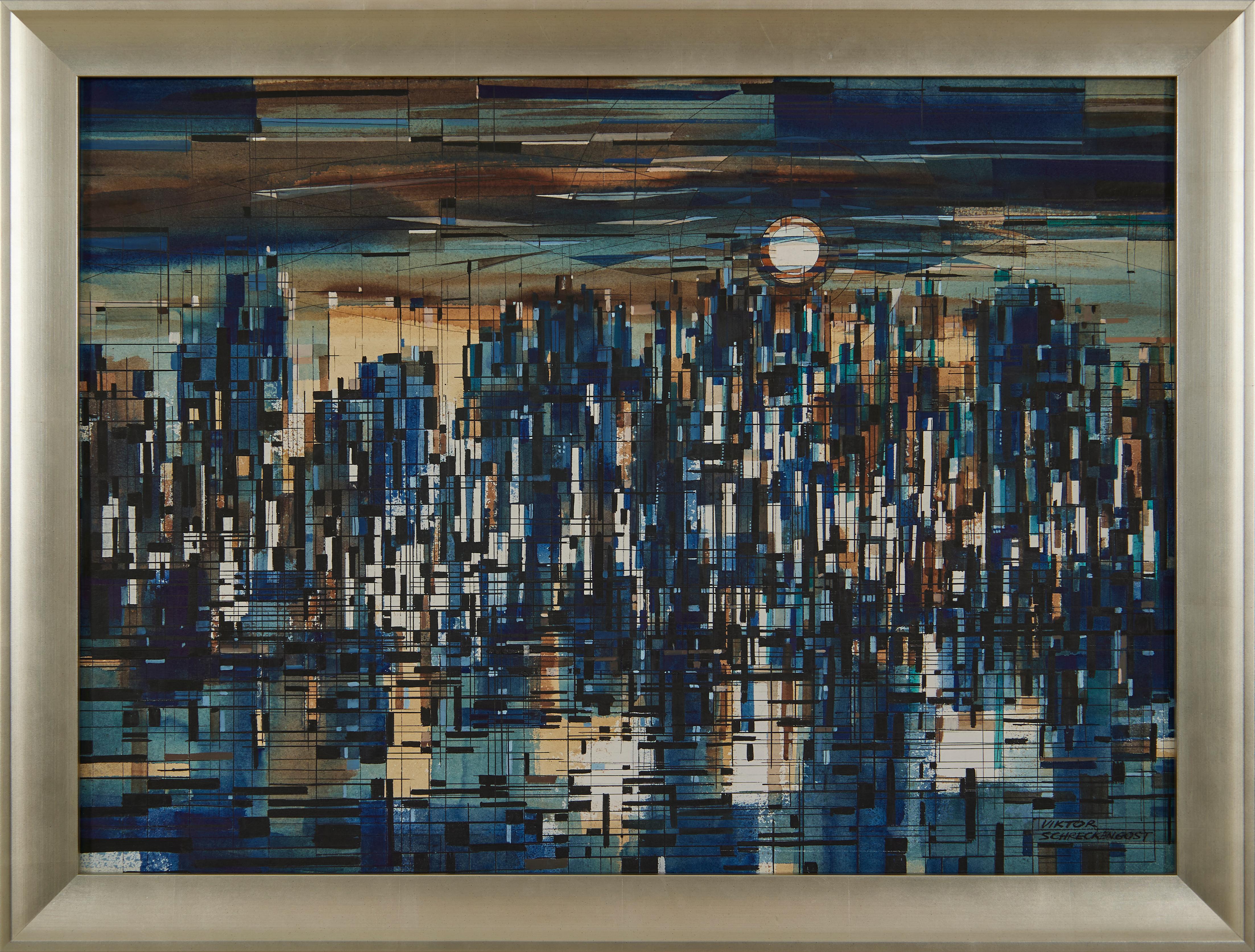 Viktor Schreckengost Figurative Painting - 20th Century Abstract Cityscape, Cleveland School Artist
