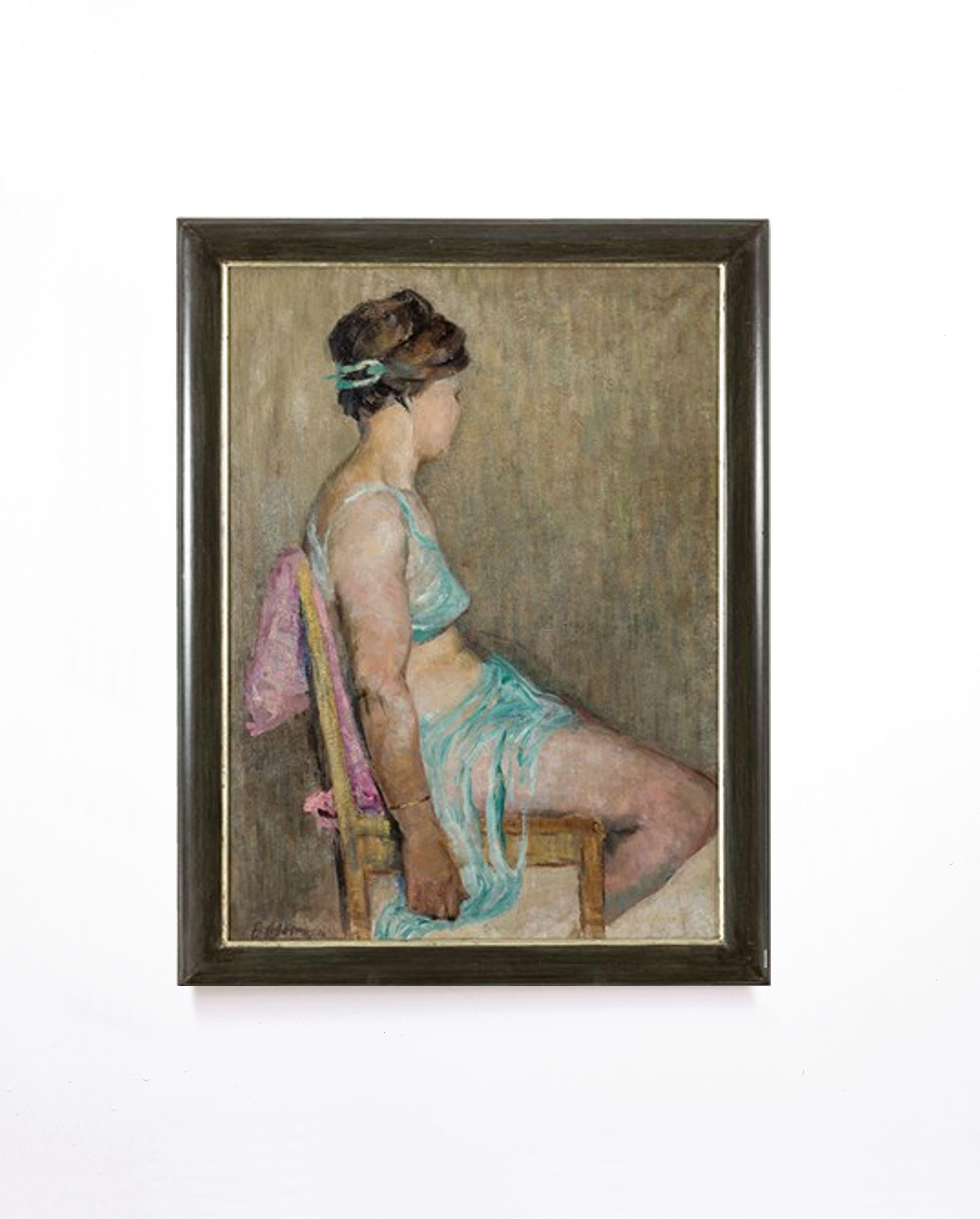 „Sitzende Tänzerin“ (Sitzende Tänzerin, sitzender Tänzerin) Ölgemälde von Viktor V. Adamkewitsch im Angebot 4