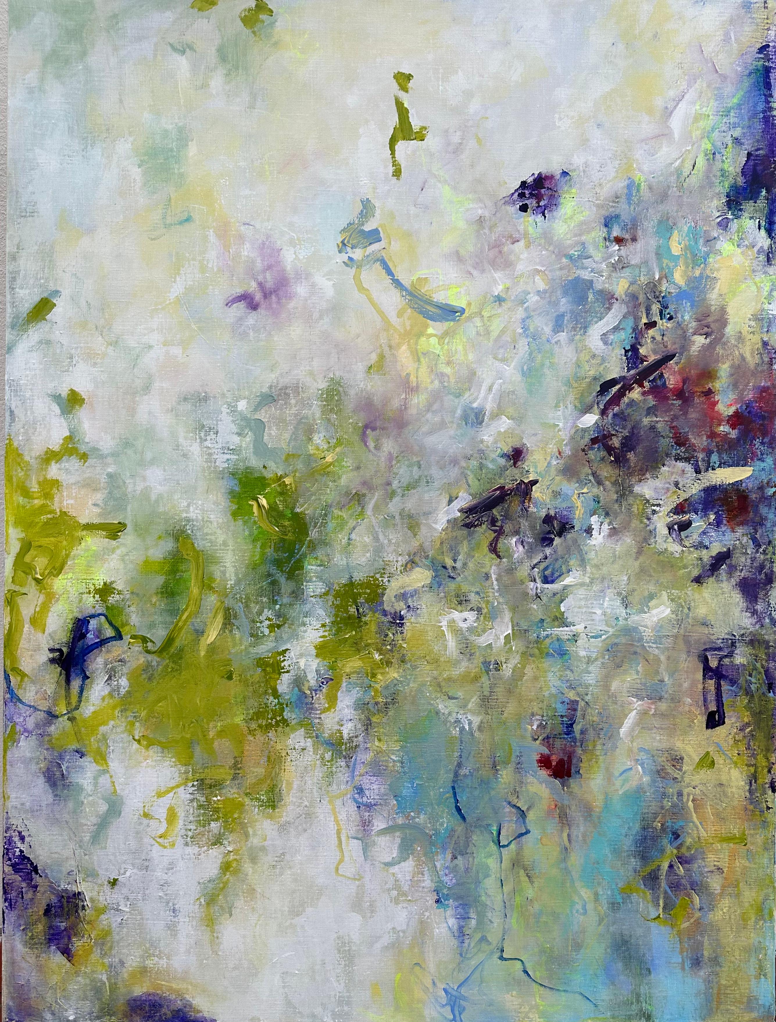 This artwork is an exemplary manifestation of abstract expressionism, captivating audiences with its vigorous and spontaneous composition. Dominated by a harmonious blend of pastel hues—denoting tranquility—and dynamic shades of blue, yellow, and
