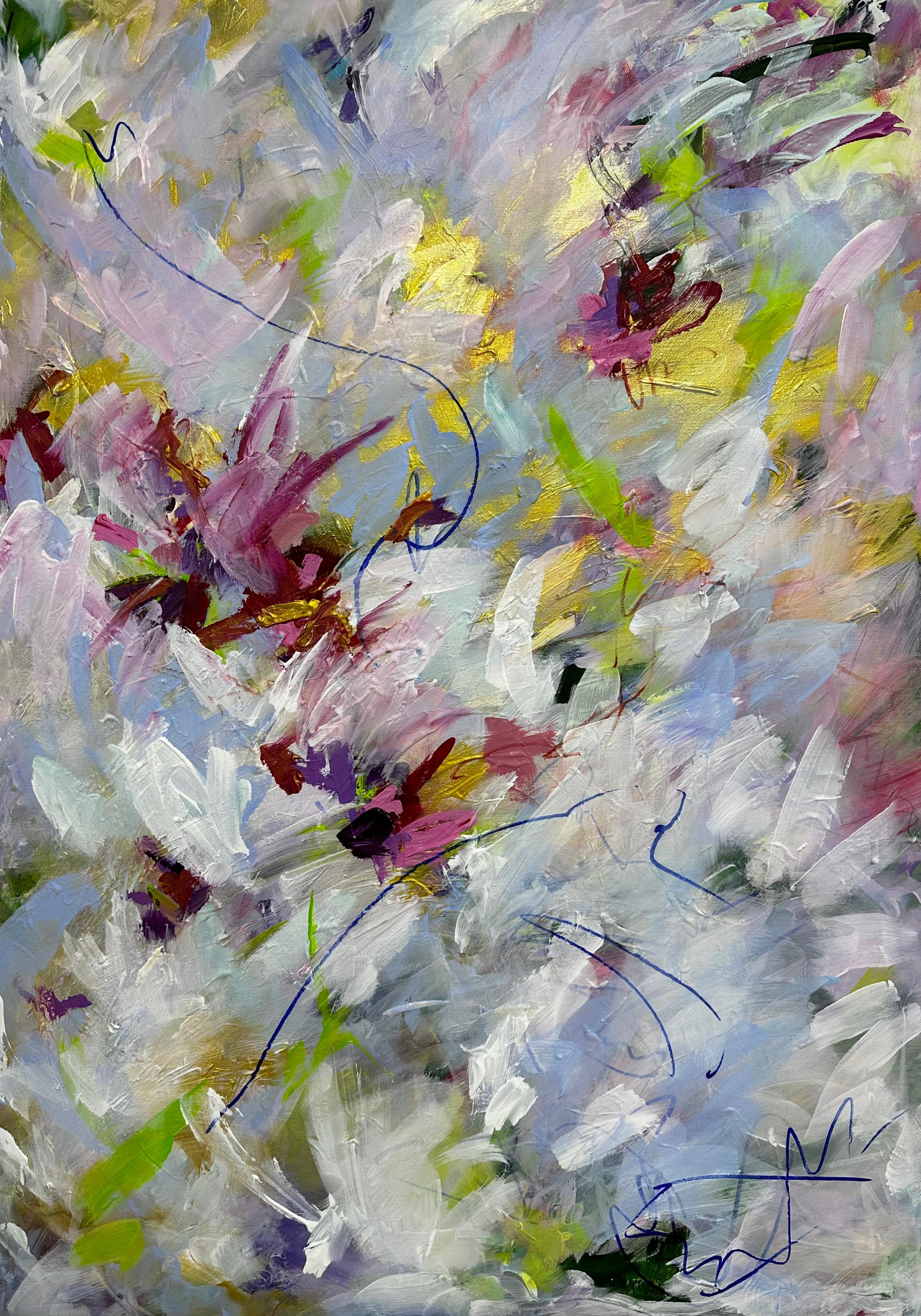 Peinture acrylique sur lin par Viktoria Ganhao. Cette œuvre d'art est une composition abstraite vibrante qui palpite d'énergie et de mouvement. Les coups de pinceau sont expressifs et larges, conférant à l'œuvre une impression de fluidité et de