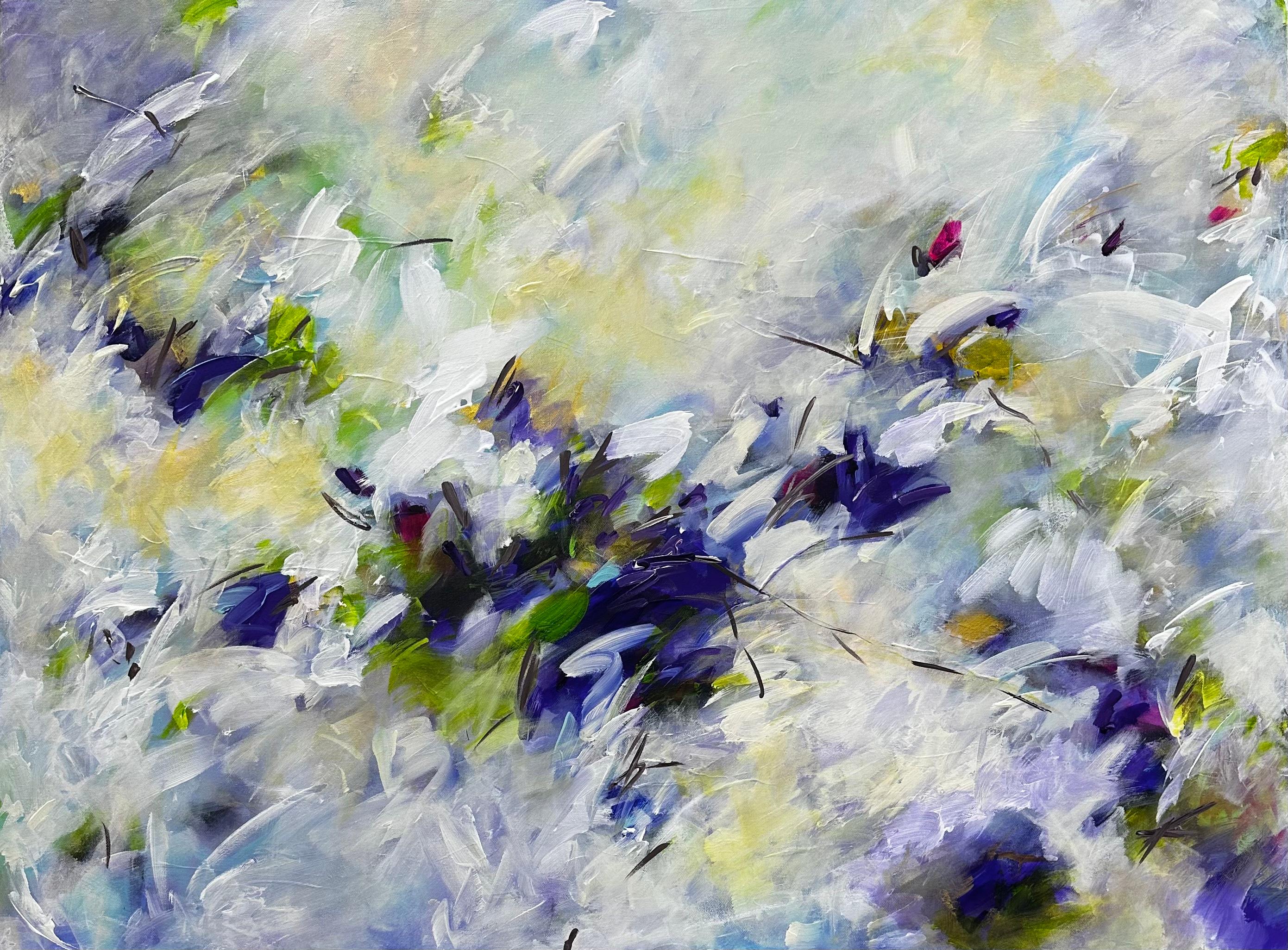 Original acrylic painting by Viktoria Ganhao. This evocative artwork presents a mesmerizing dance of colors and movement, expertly blending abstract forms with a dynamic flow. The canvas is alive with rich hues of blue and green interspersed with