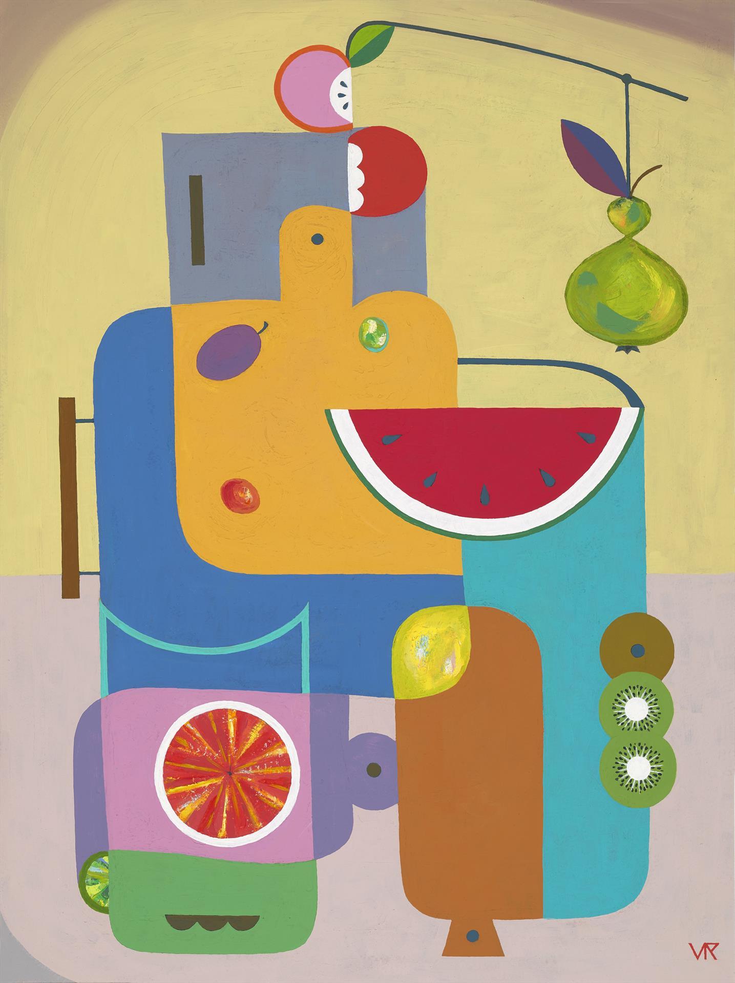 Viktoria Romanova Still-Life Painting - Cubist Oil Still Life, "Fruits and Boards"