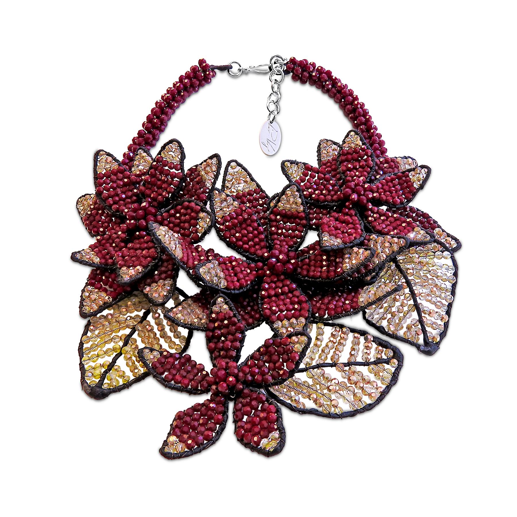 Vilaiwan Jewelry Necklace 
Flower design hand crafted 
one of a kind, rare piece 
red & White crystal 
Up-down from flower point about 6 inches  
18 inches long about 
Width about 6 inches 

Vilaiwan Fine Jewelry is the work of creative artist and