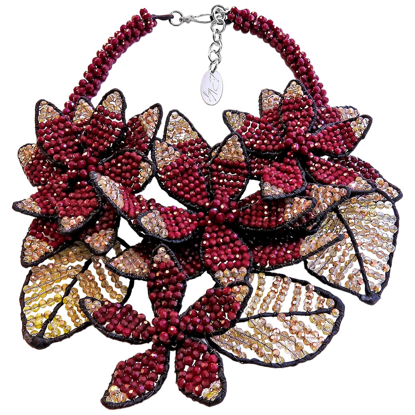 Vilaiwan by Joe Midnight Flower Necklace with Red-White Crystals Rare Piece For Sale