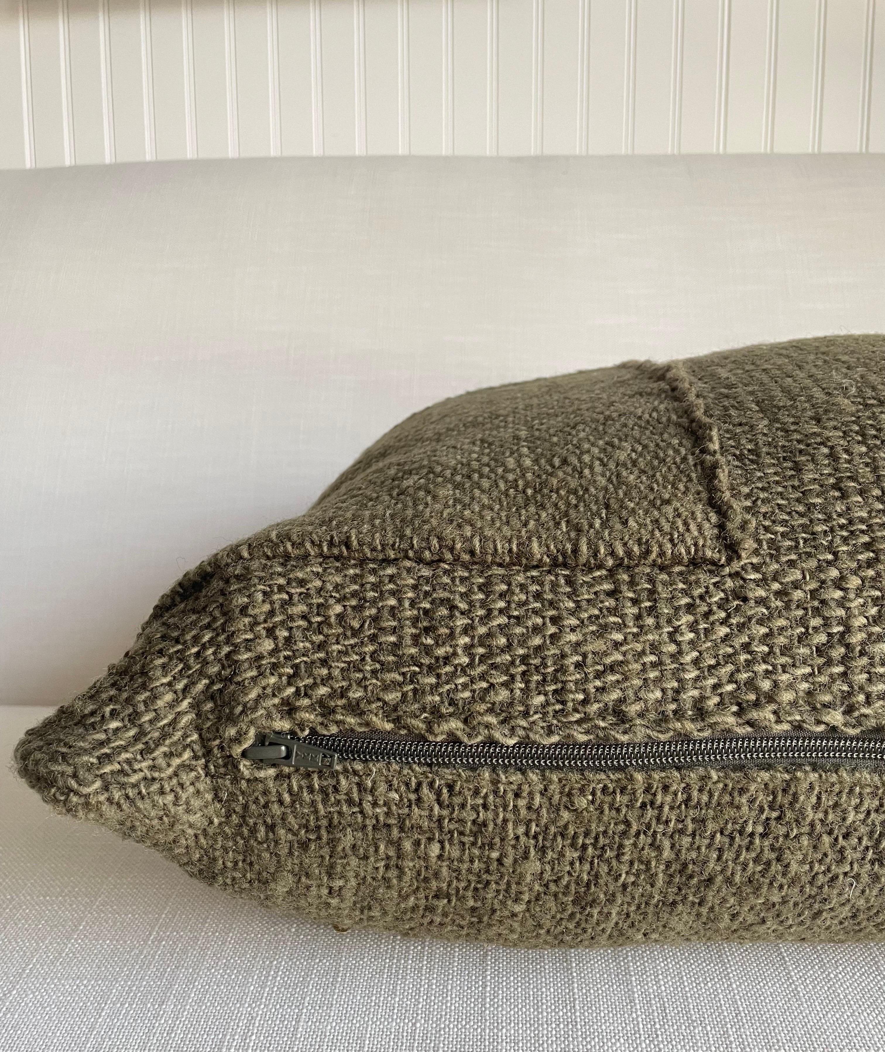Vilana Deep Olive Wool Patchwork Pillow with Down Insert In New Condition For Sale In Brea, CA