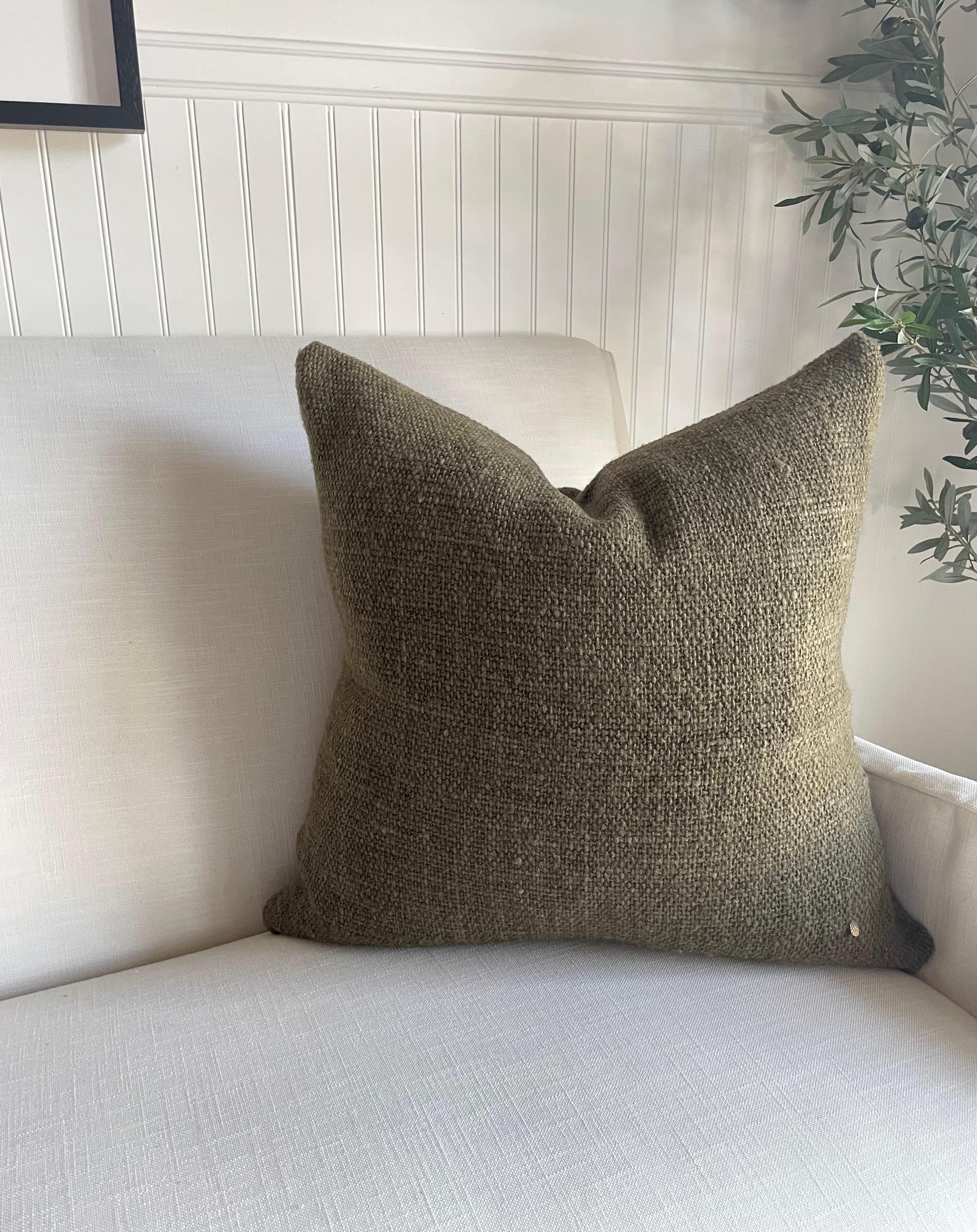 Contemporary Vilana Deep Olive Wool Patchwork Pillow with Down Insert For Sale