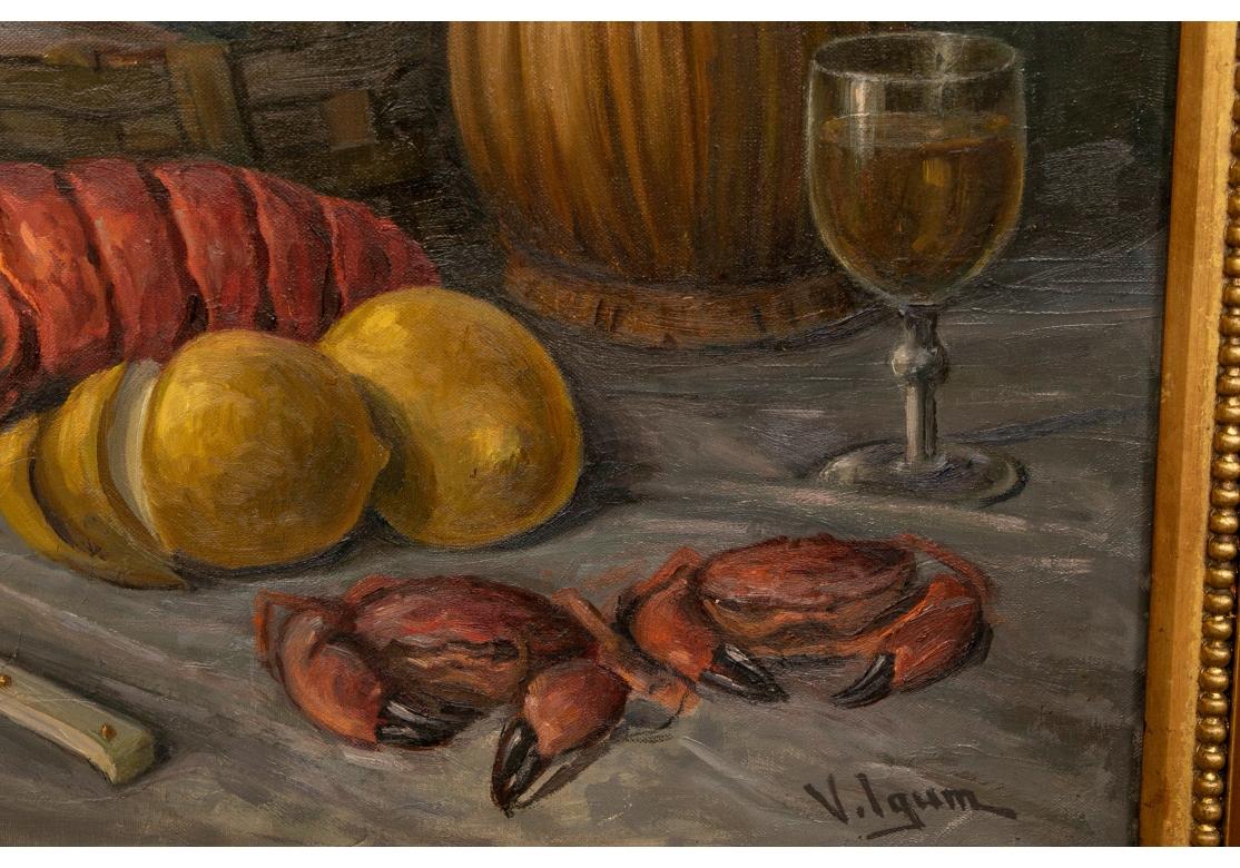 Vilgum Signed Oil On Canvas Frutti Di Mare Still Life with Lobster In Distressed Condition For Sale In Bridgeport, CT
