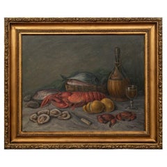Vintage Vilgum Signed Oil On Canvas Frutti Di Mare Still Life with Lobster