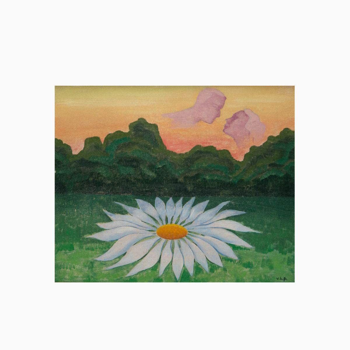 Vilhelm Bjerke Petersen (Danish, 1909–1957)

Figurative Surrealist Composition

Oil on canvas. A large white flower dominates the foreground of a green meadow, set against a landscape with a glowing sunset. In the sky, two faces of a man and a woman