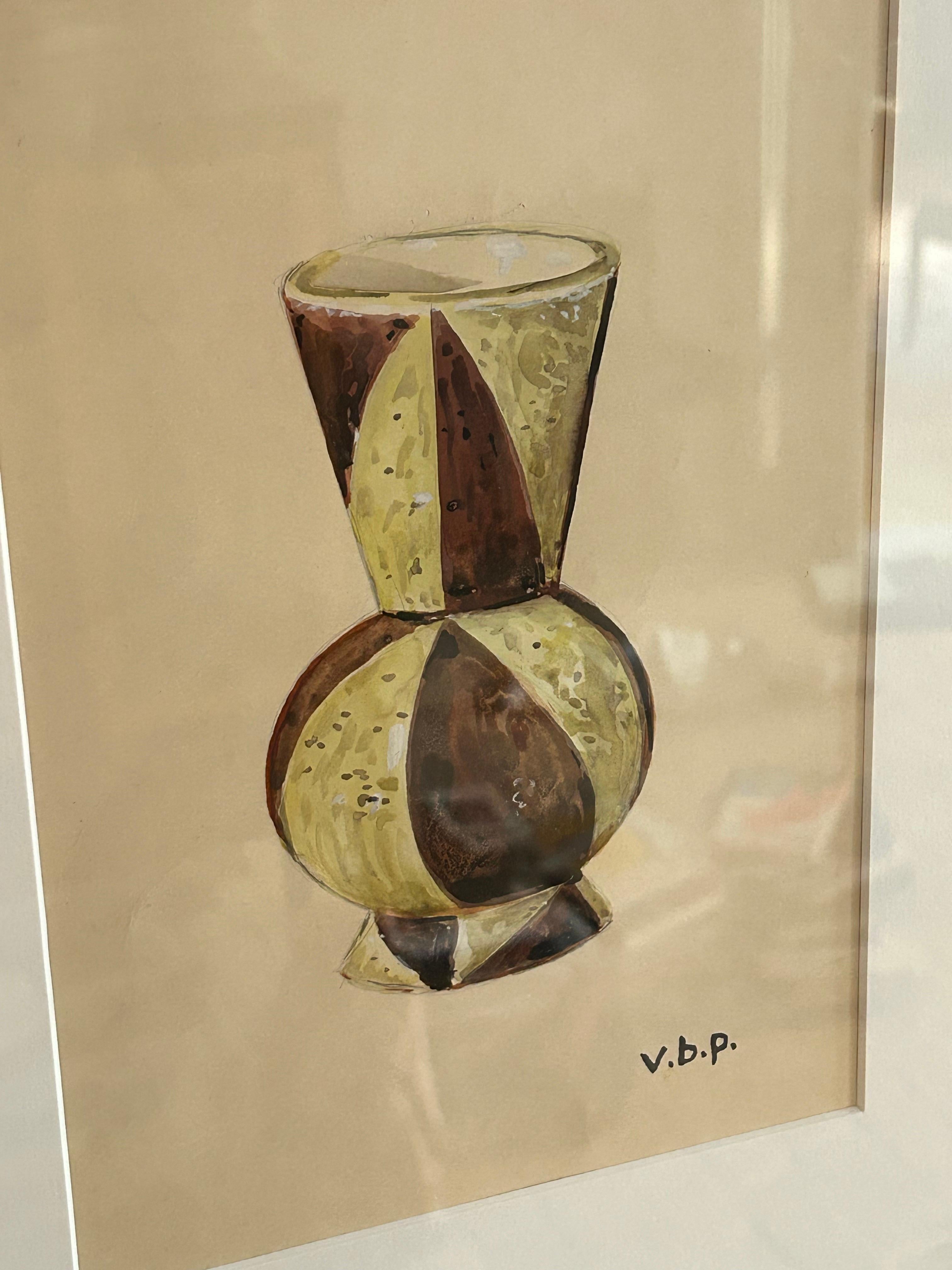 Zarte Gouache-Studie des dänischen Malers und Designers Vilhelm Bjerke Petersen (1909-1957), die eine stilisierte Vasenform darstellt, die in den 1950er Jahren für den schwedischen Porzellanhersteller Rörstrand entworfen wurde.

Das in Gouache auf