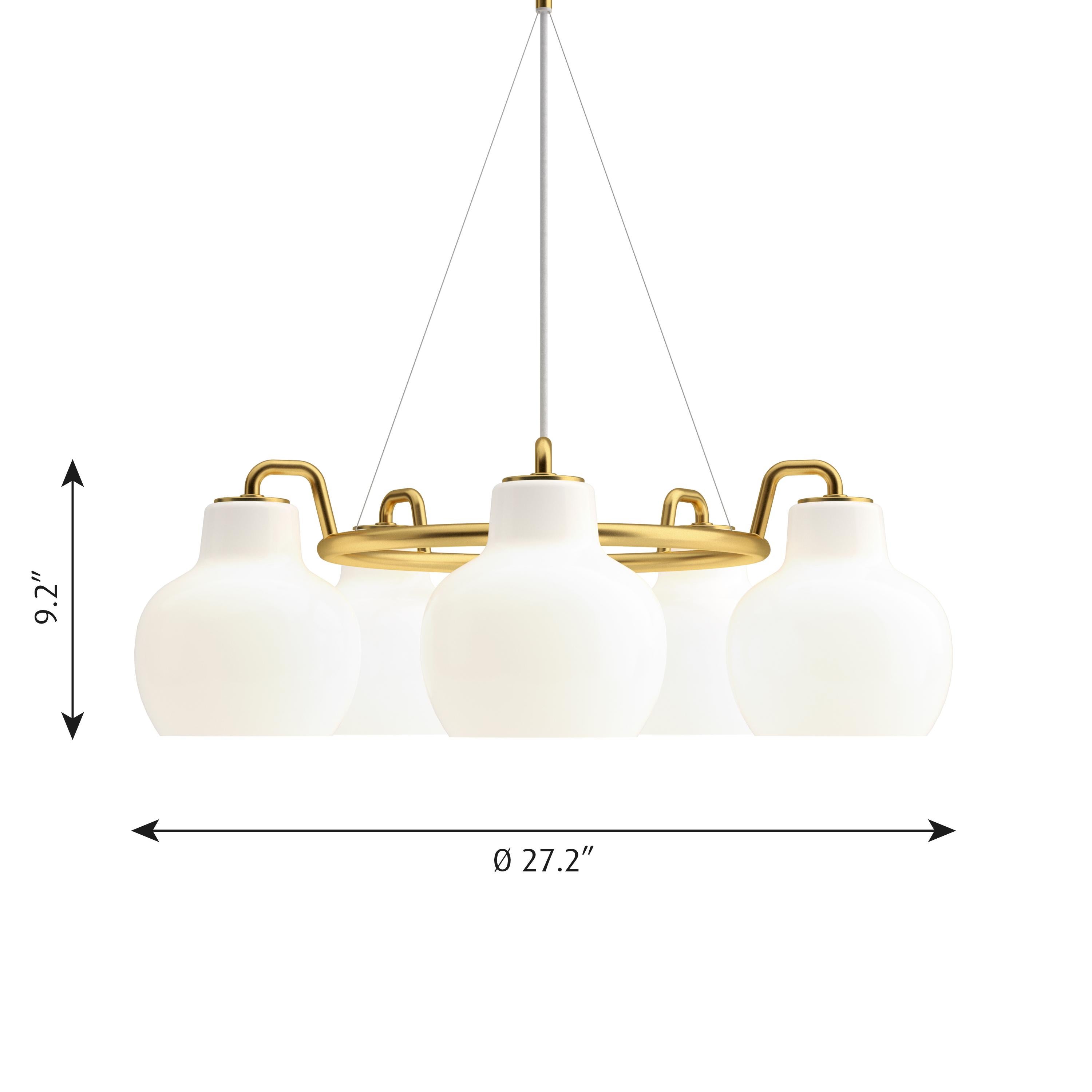 Vilhelm Lauritzen 5-shade brass and glass ring chandelier for Louis Poulsen. Executed in five hand blown glossy white opal glass and untreated polished brass tube and ceiling canopy. The chandelier emits light directed primarily downwards. The opal