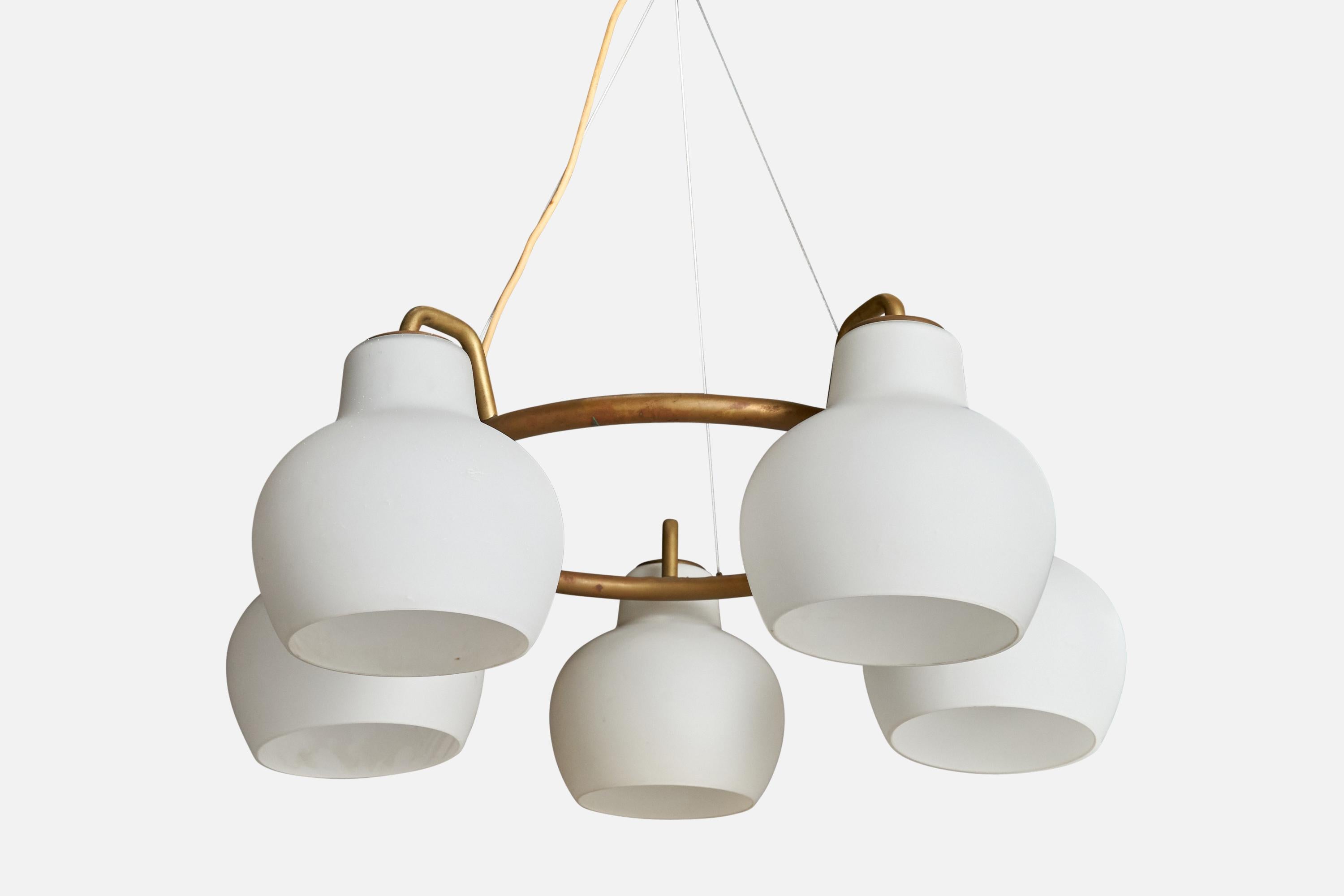 A brass and opaline glass chandelier designed by Vilhelm Lauritzen and produced by  Louis Poulsen, Denmark, c. 1950s.

Overall Dimensions (inches): 23” H x  26” Diameter
Dimensions of Canopy:  N/A
Stem length: N/A
Bulb Specifications: E-26 
