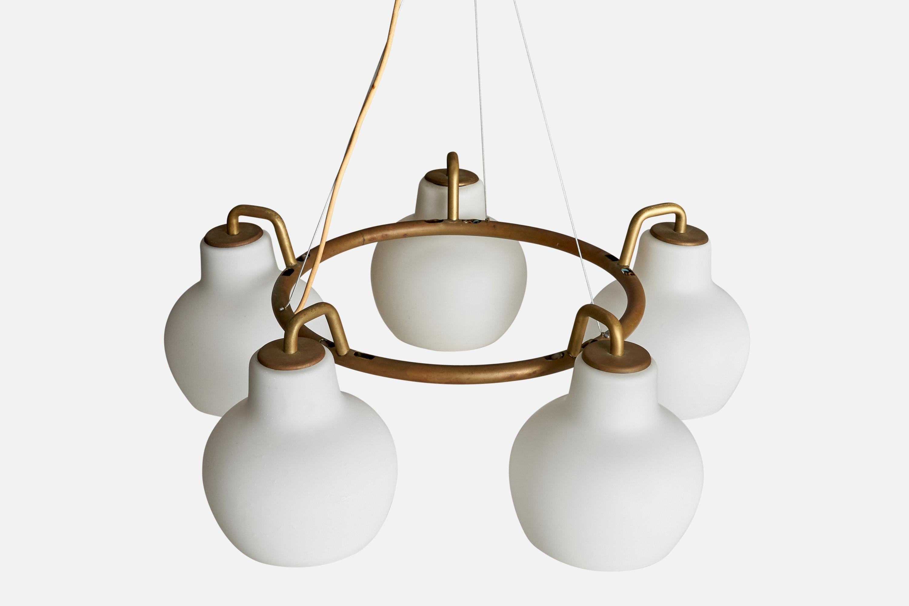 Danish Vilhelm Lauritzen, Chandelier, Brass, Glass, Denmark, 1950s