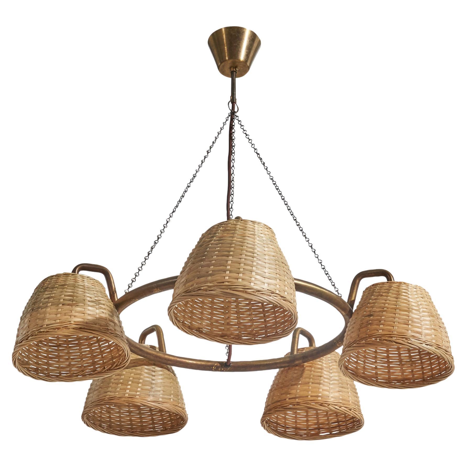 Vilhelm Lauritzen, Chandelier, Brass, Rattan, Louis Poulsen, Denmark
