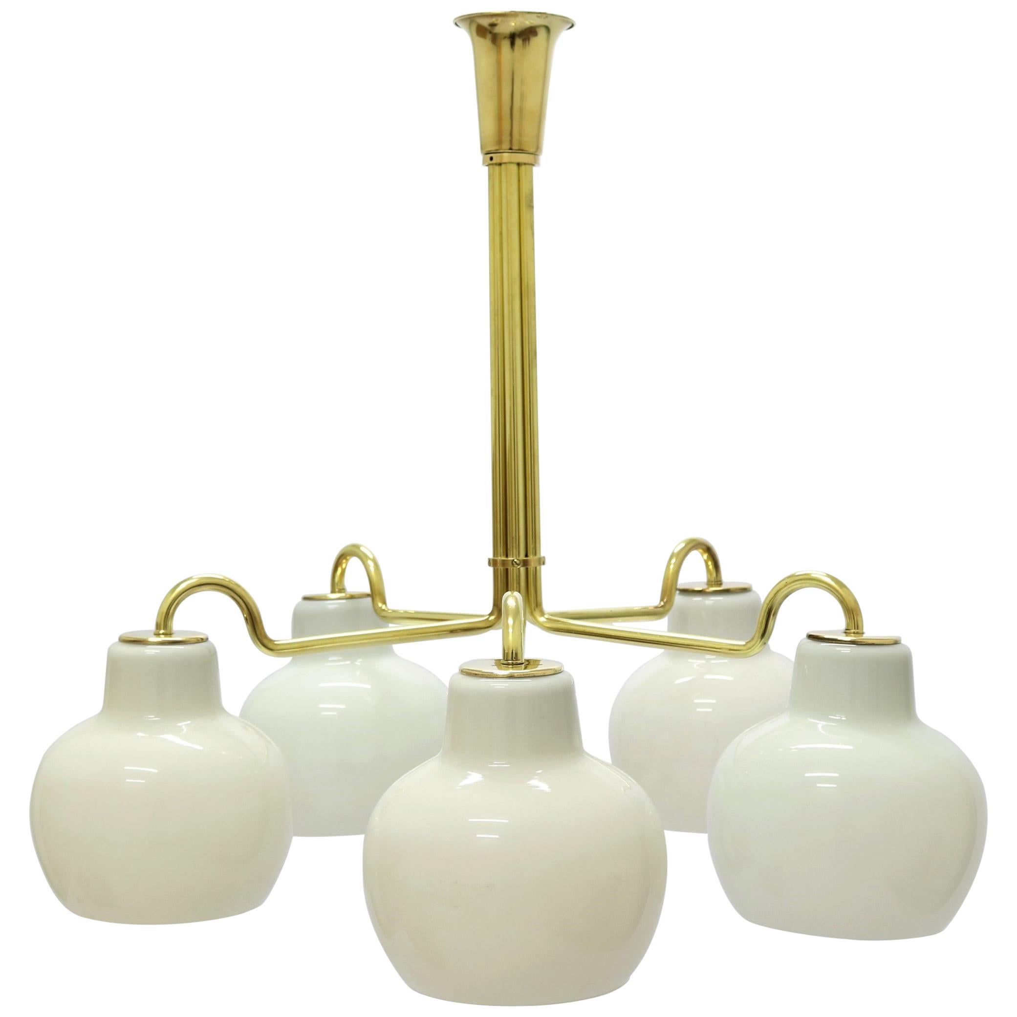 Vilhelm Lauritzen Chandelier in Brass and Opal Glass, 1950s