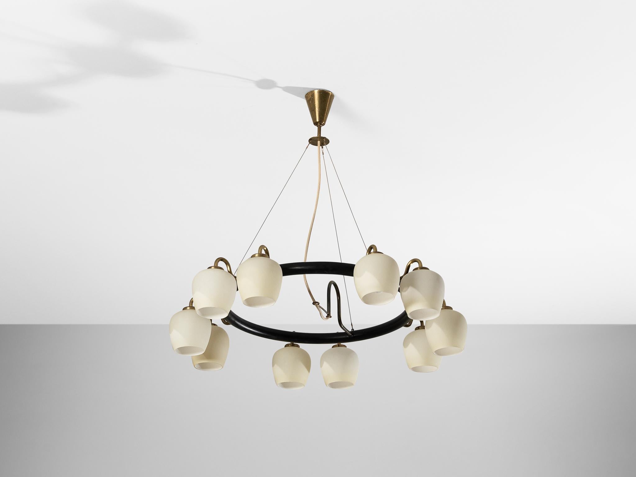 Vilhelm Lauritzen for Fog & Mørup Chandelier in Opaline Glass and Brass  4