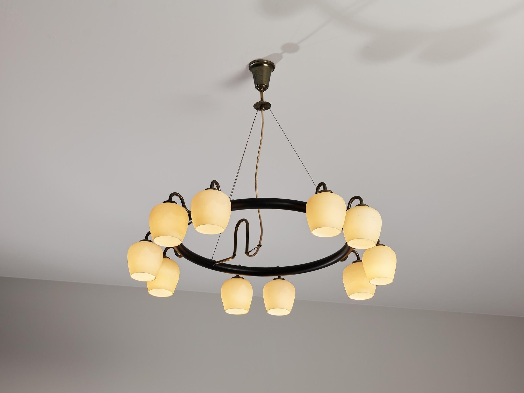 Vilhelm Lauritzen for Fog & Mørup, chandelier, opaline glass, brass, coated brass, Denmark, production 1945 to 1955. 

This very rare chandelier was created by the renowned Danish Modern architect Vilhelm Theodor Lauritzen for Fog & Mørup during the