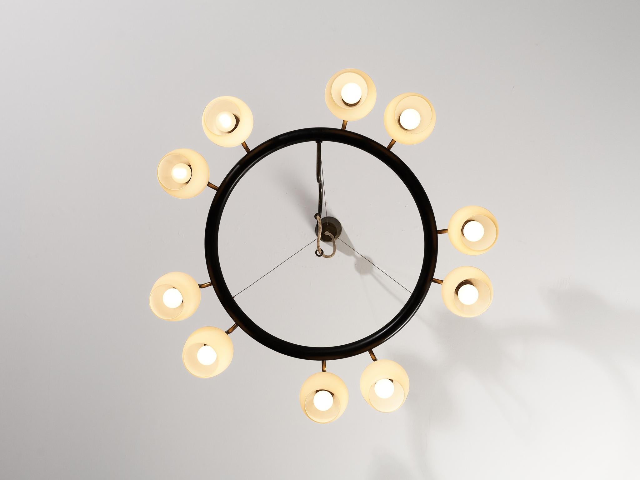 Vilhelm Lauritzen for Fog & Mørup Chandelier in Opaline Glass and Brass  In Good Condition In Waalwijk, NL