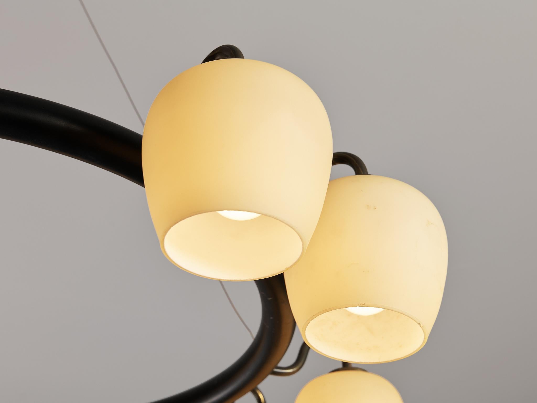 Vilhelm Lauritzen for Fog & Mørup Chandelier in Opaline Glass and Brass 1