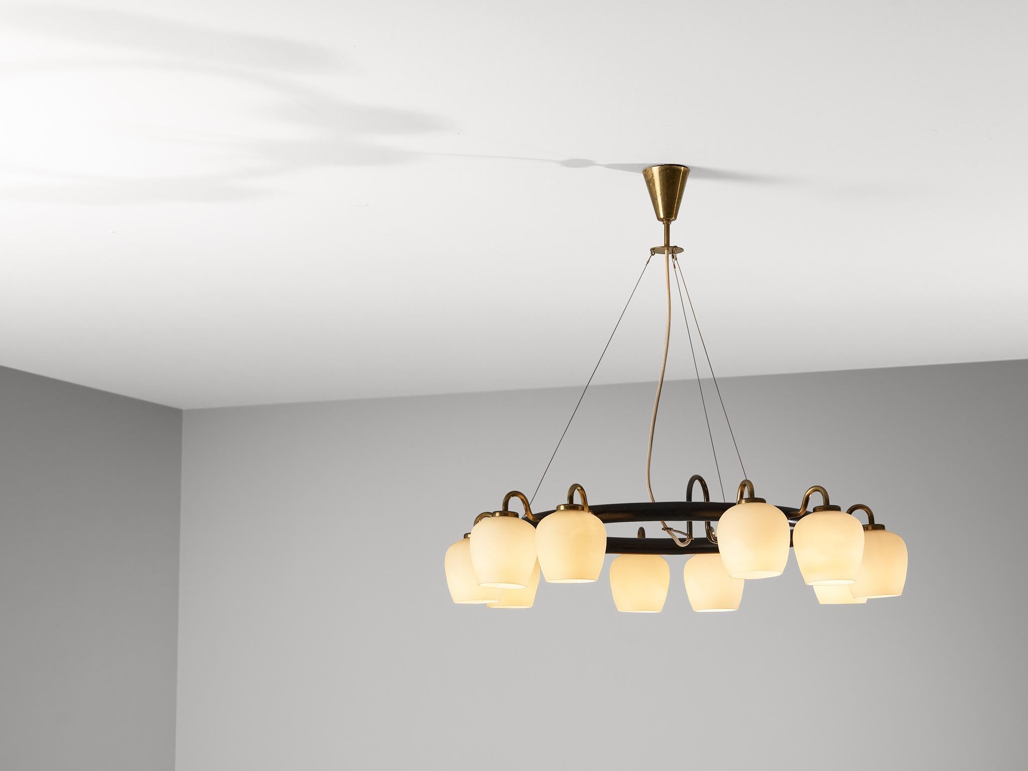 Vilhelm Lauritzen for Fog & Mørup Chandelier in Opaline Glass and Brass  1