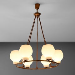 Vilhelm Lauritzen Large Round Chandelier in Brass and Opaline Glass