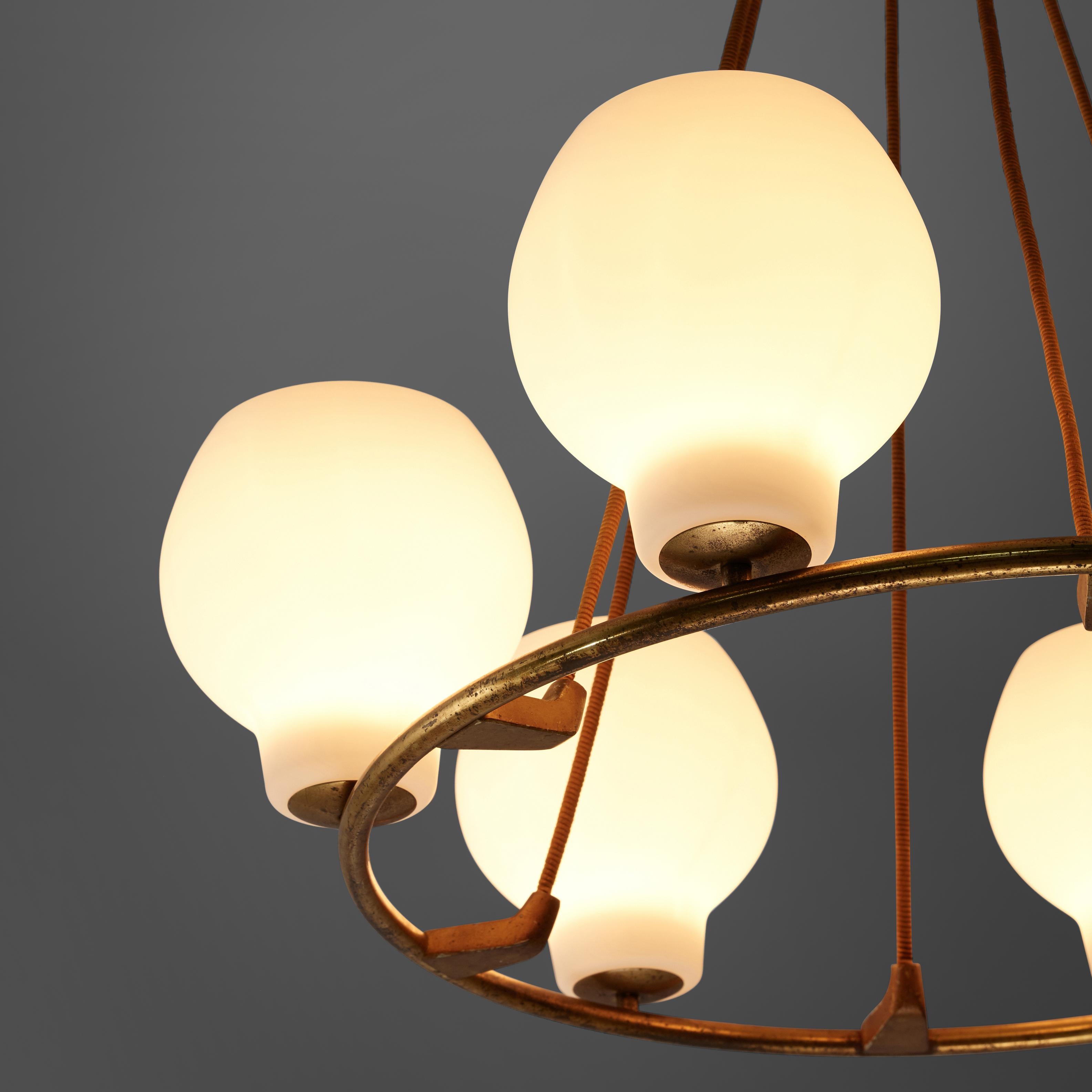 Mid-Century Modern Vilhelm Lauritzen Large Round Chandelier in Brass and Opaline Glass