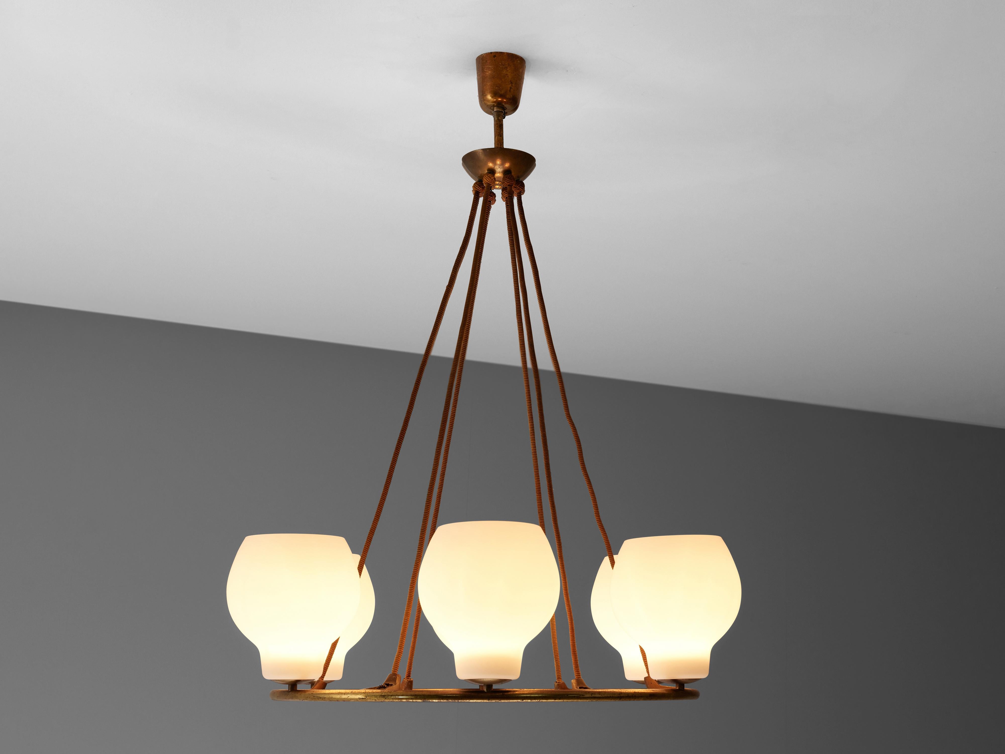 Danish Vilhelm Lauritzen Large Round Chandelier in Brass and Opaline Glass