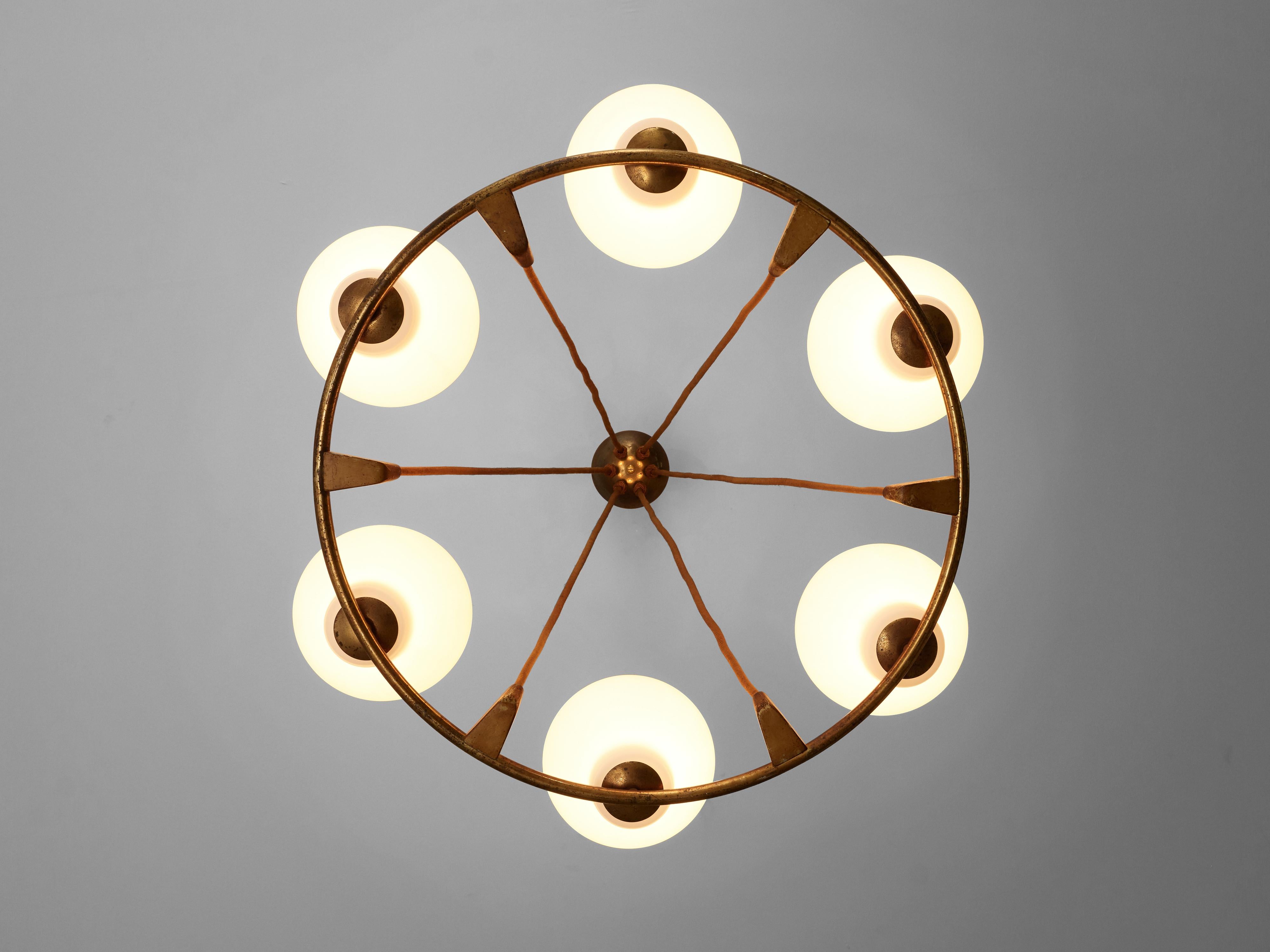 Vilhelm Lauritzen Large Round Chandelier in Brass and Opaline Glass 1