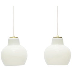 Vilhelm Lauritzen Pair of B&G Pendants in Opaline Glass and Brass, Louis Poulsen