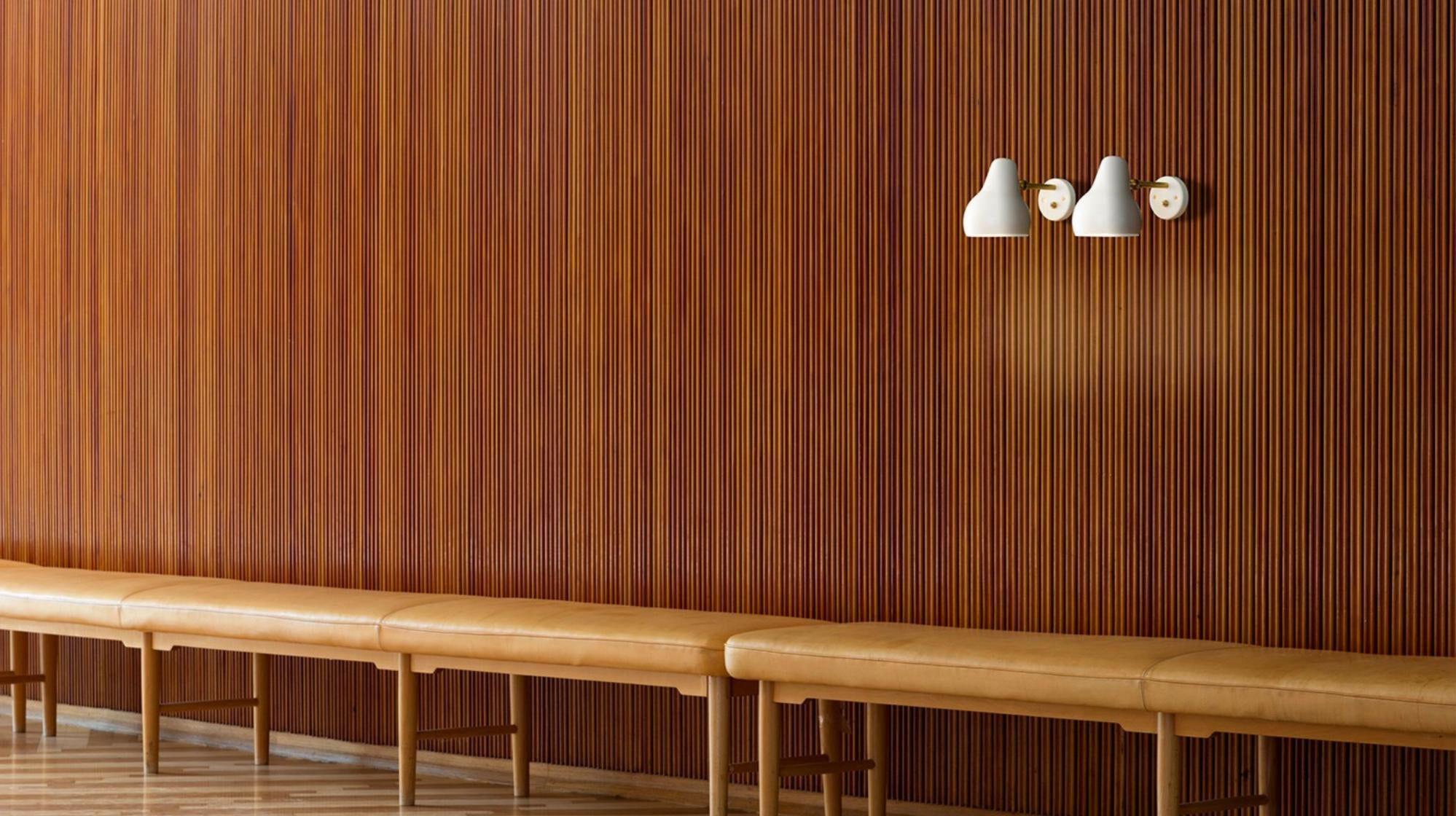 Vilhelm Lauritzen 'Radiohus' sconces for Louis Poulsen. Originally designed in the 1930s by Vilhelm Lauritzen in partnership with Louis Poulsen for the construction of the Radiohuset building in Copenhagen, which is now home to the Royal Danish
