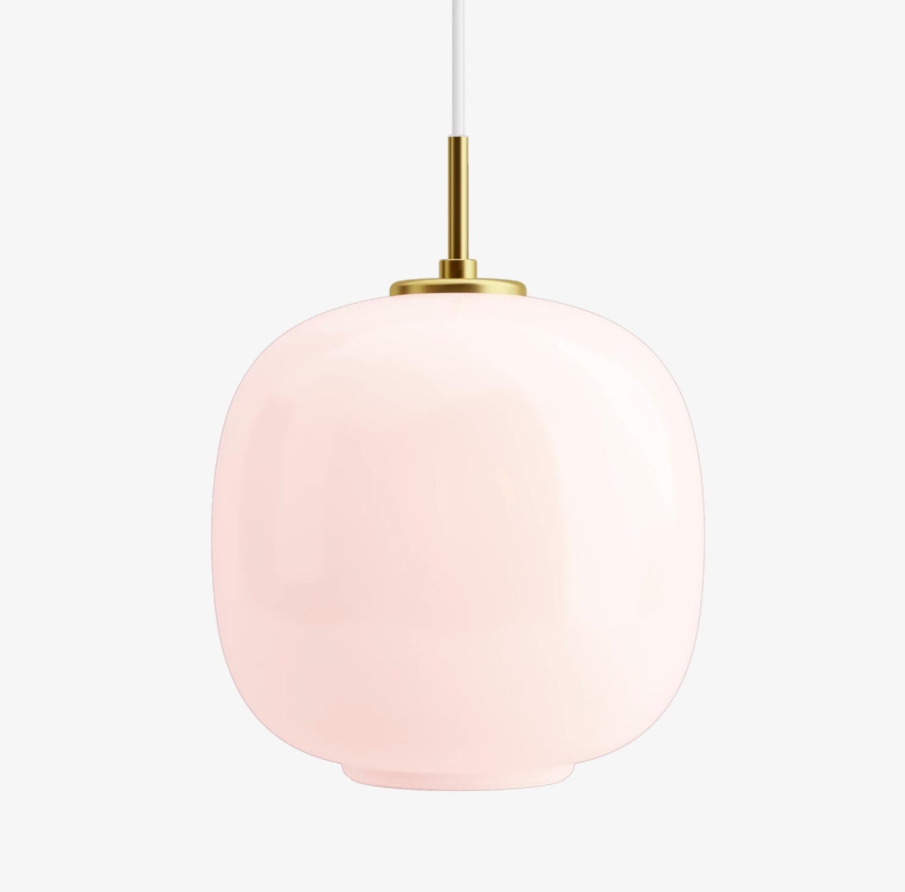 Vilhelm Lauritzen VL 45 'Radiohus' Pendant Ø250 in Brass and Pale Rose Glass. New, current production.

The VL 45 Radiohus Pendant was originally designed by Danish architect Vilhelm Lauritzen for his gesamtkunstwerk at the Danish Broadcasting