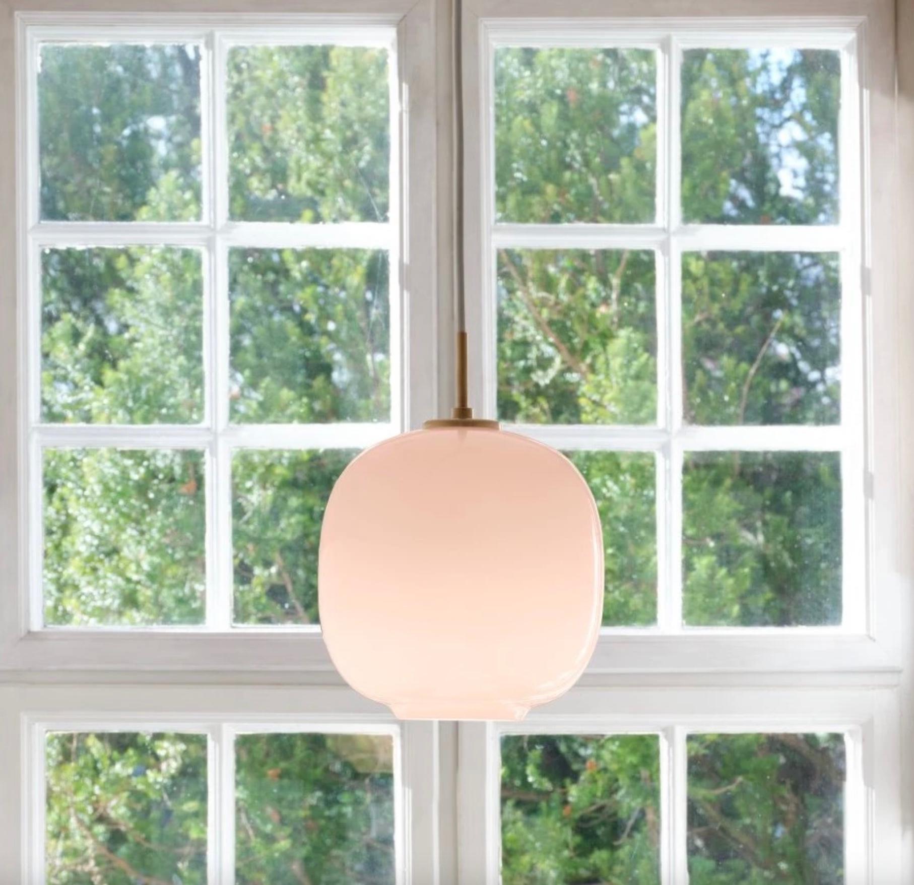 Mid-Century Modern Vilhelm Lauritzen VL 45 'Radiohus' Pendant Ø250 in Brass and Pale Rose Glass For Sale