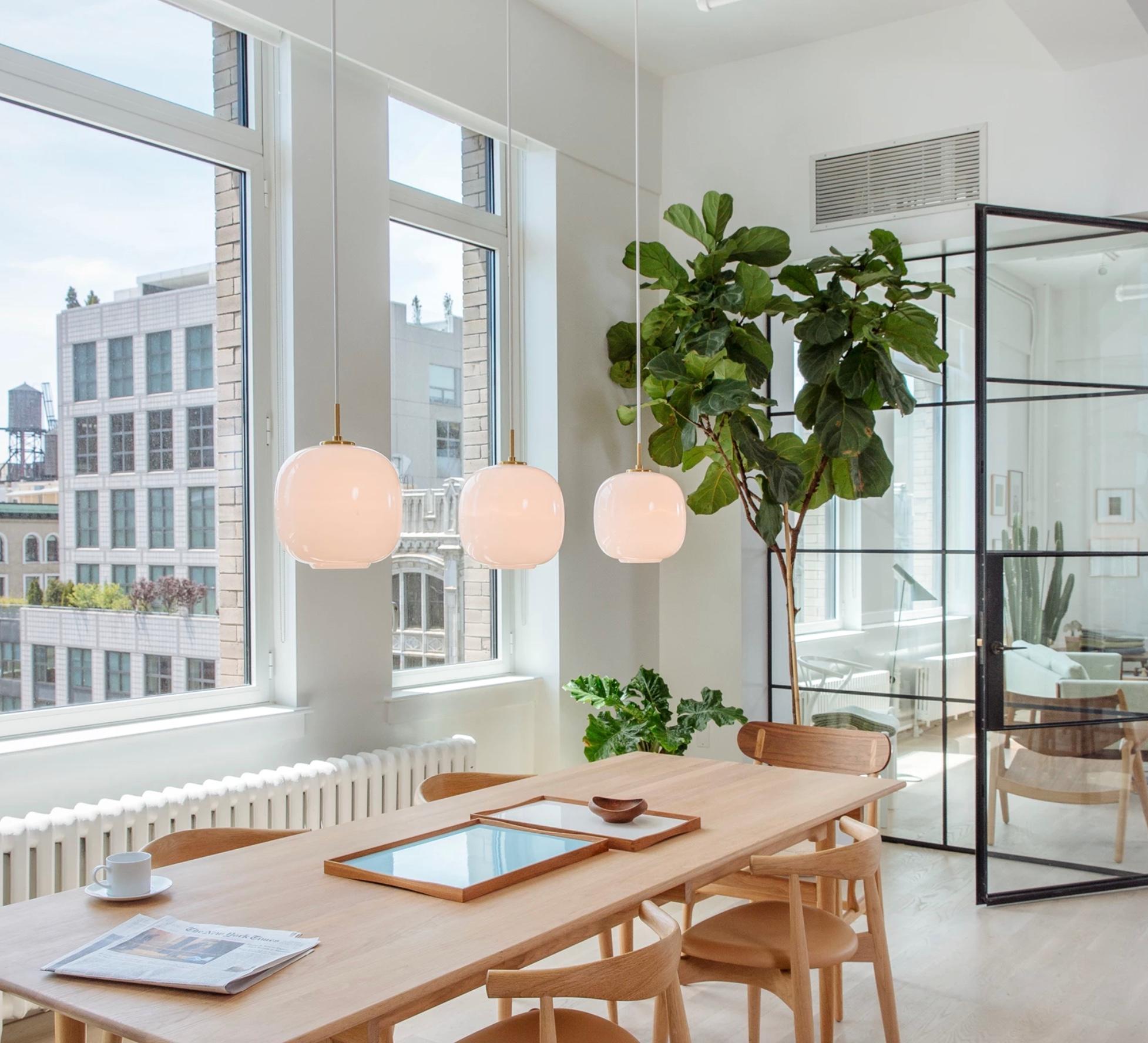 Danish Vilhelm Lauritzen VL 45 'Radiohus' Pendant Ø250 in Brass and Pale Rose Glass For Sale