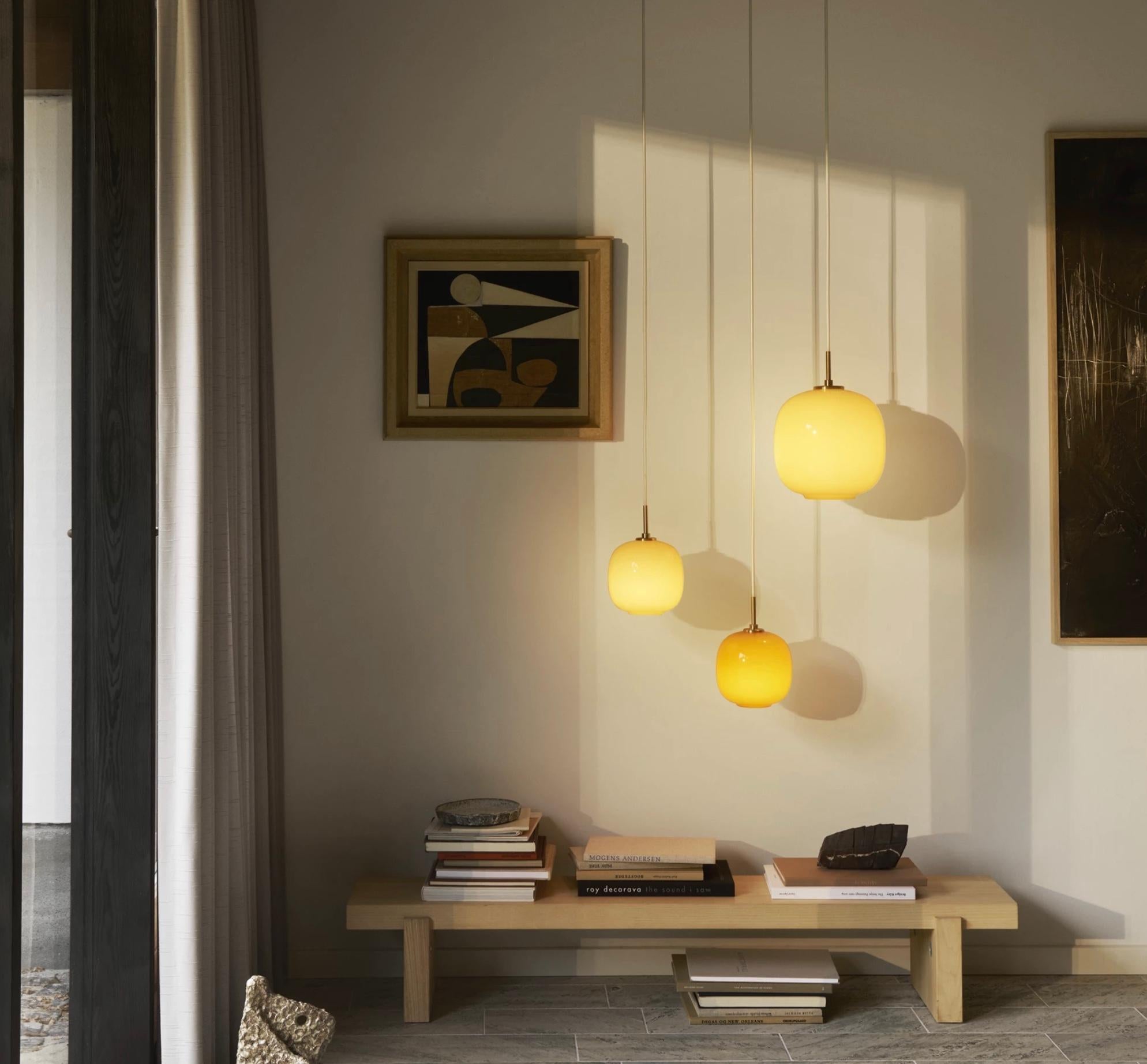 Mid-Century Modern Vilhelm Lauritzen VL 45 'Radiohus' Pendant Ø250 in Brass and Pale Yellow Glass For Sale