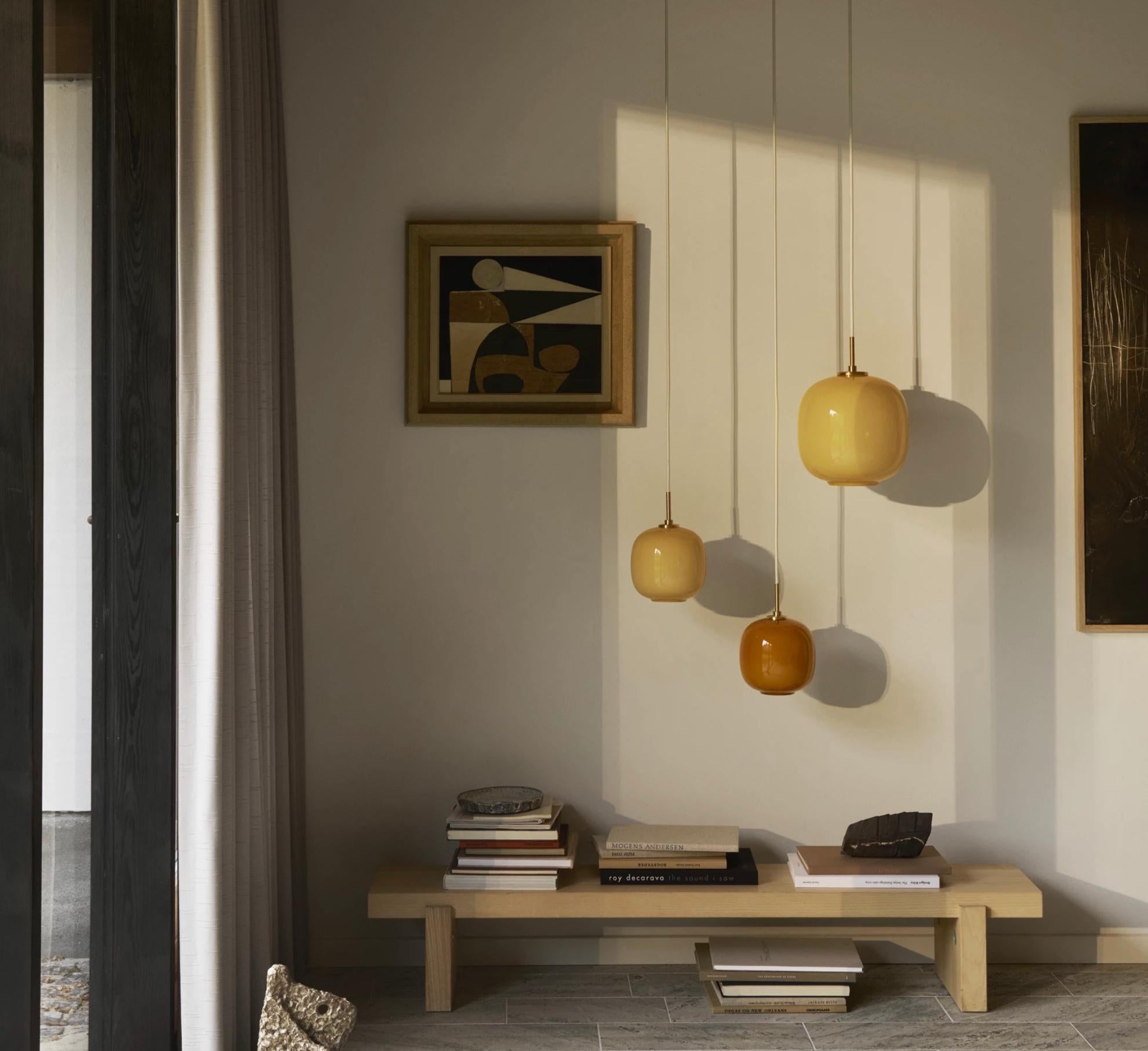 Hand-Crafted Vilhelm Lauritzen VL 45 'Radiohus' Pendant Ø250 in Brass and Pale Yellow Glass For Sale