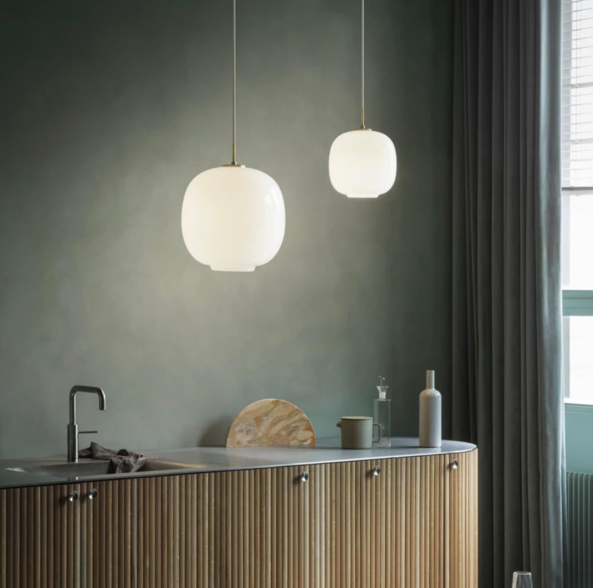 Contemporary Vilhelm Lauritzen VL 45 'Radiohus' Pendant Ø250 in Brass and Pale Yellow Glass For Sale