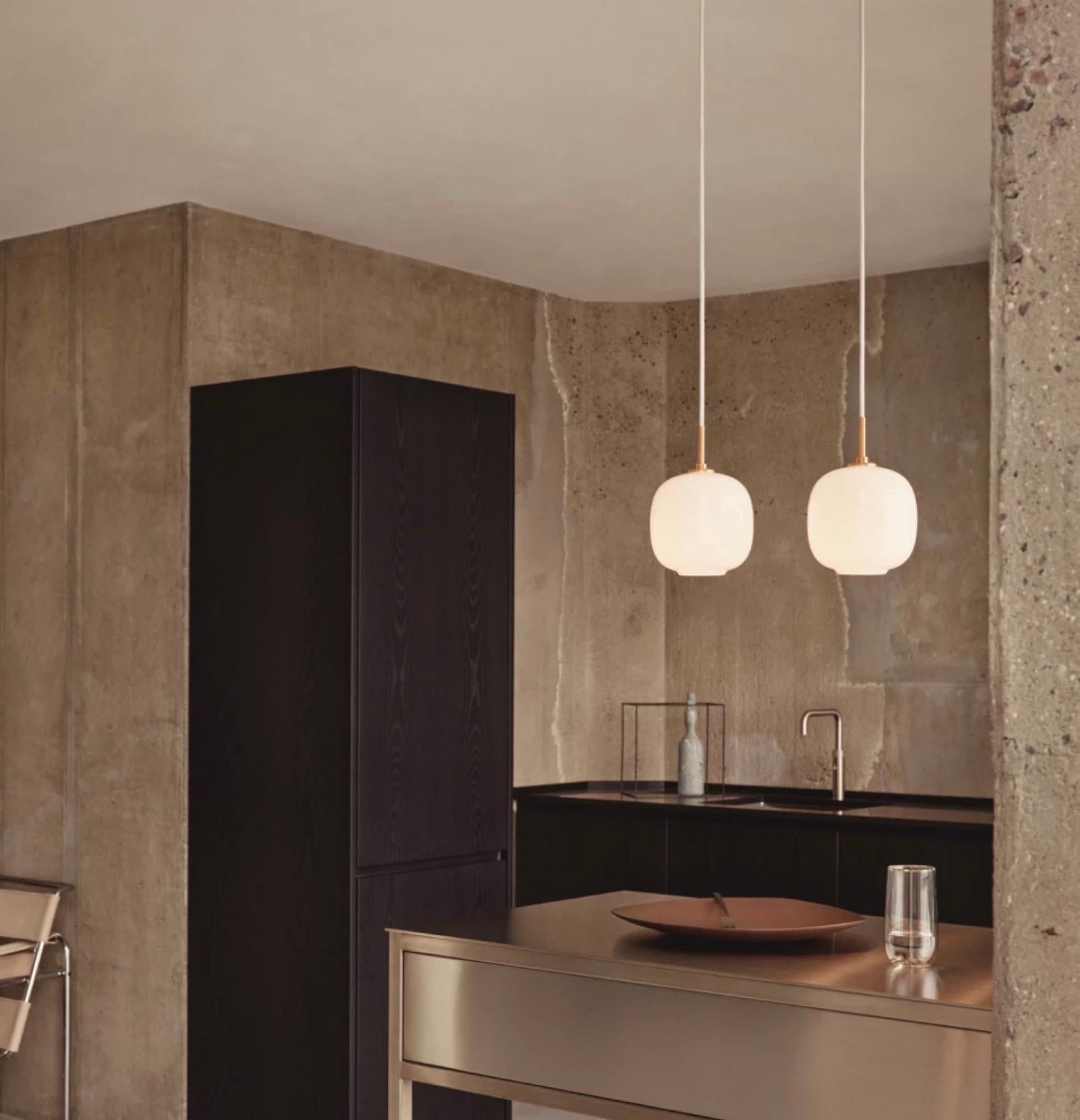 Vilhelm Lauritzen VL 45 'Radiohus' Pendant Ø250 in Brass and Pale Yellow Glass For Sale 1