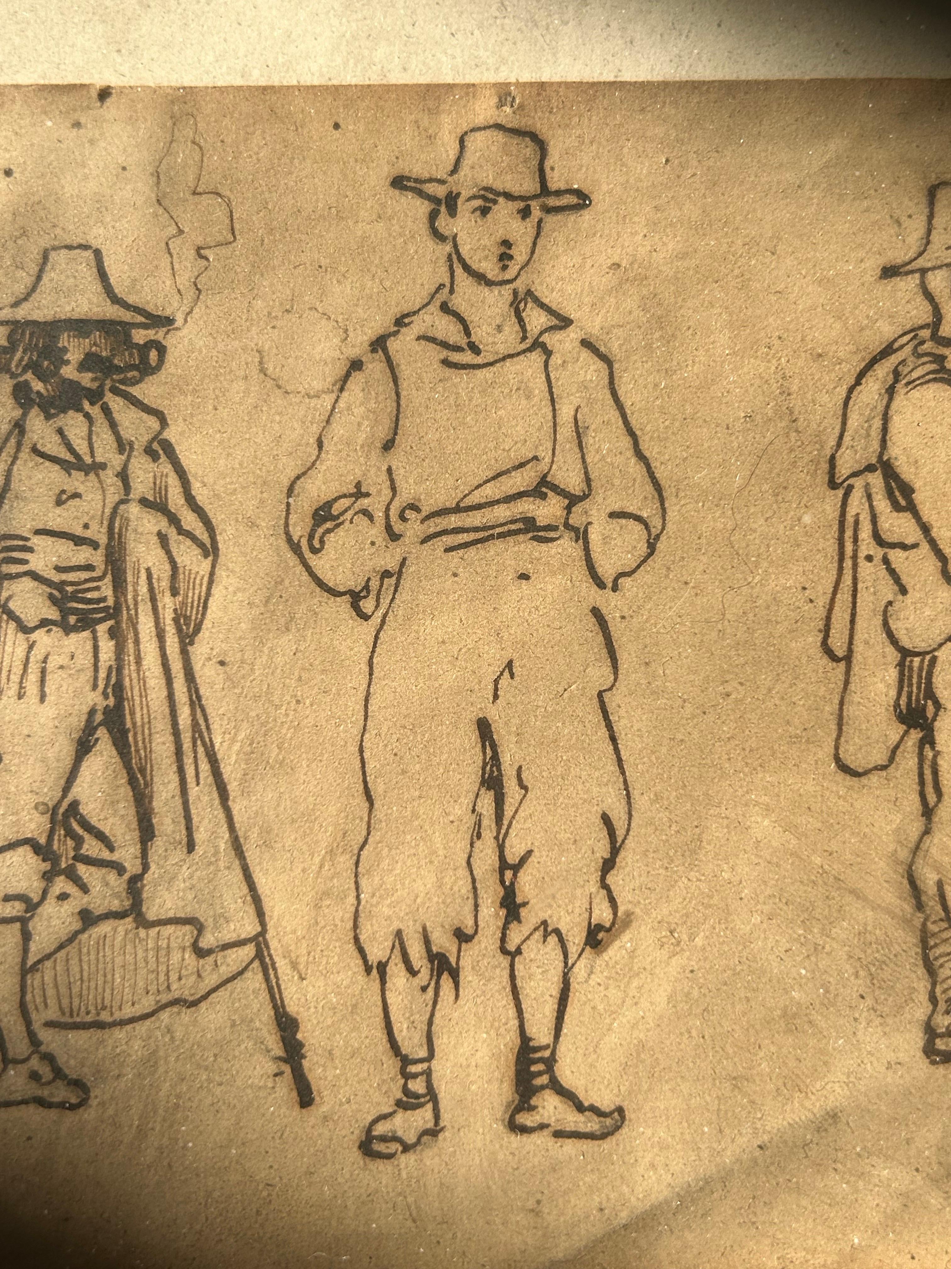 Dessin à la plume finement exécuté par l'artiste danois Vilhelm Pedersen, représentant trois hommes, probablement réalisé lors de ses voyages en Italie vers 1840. L'œuvre démontre l'œil vif de Pedersen pour la figure humaine, la composition et les