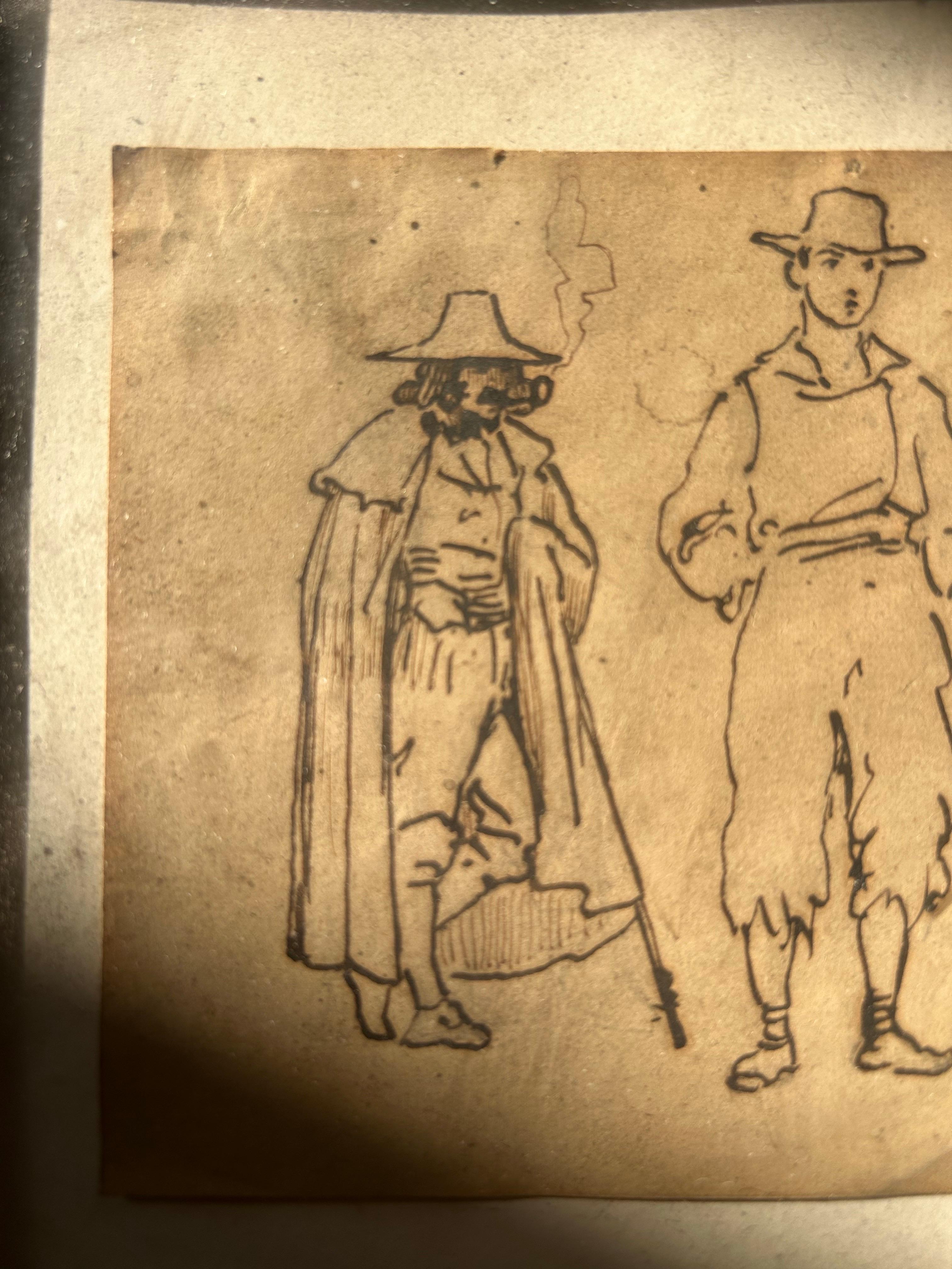 Peint à la main Vilhelm Pedersen (1820-1859) : Dessin à la plume de trois hommes, Italie, vers 1840 en vente