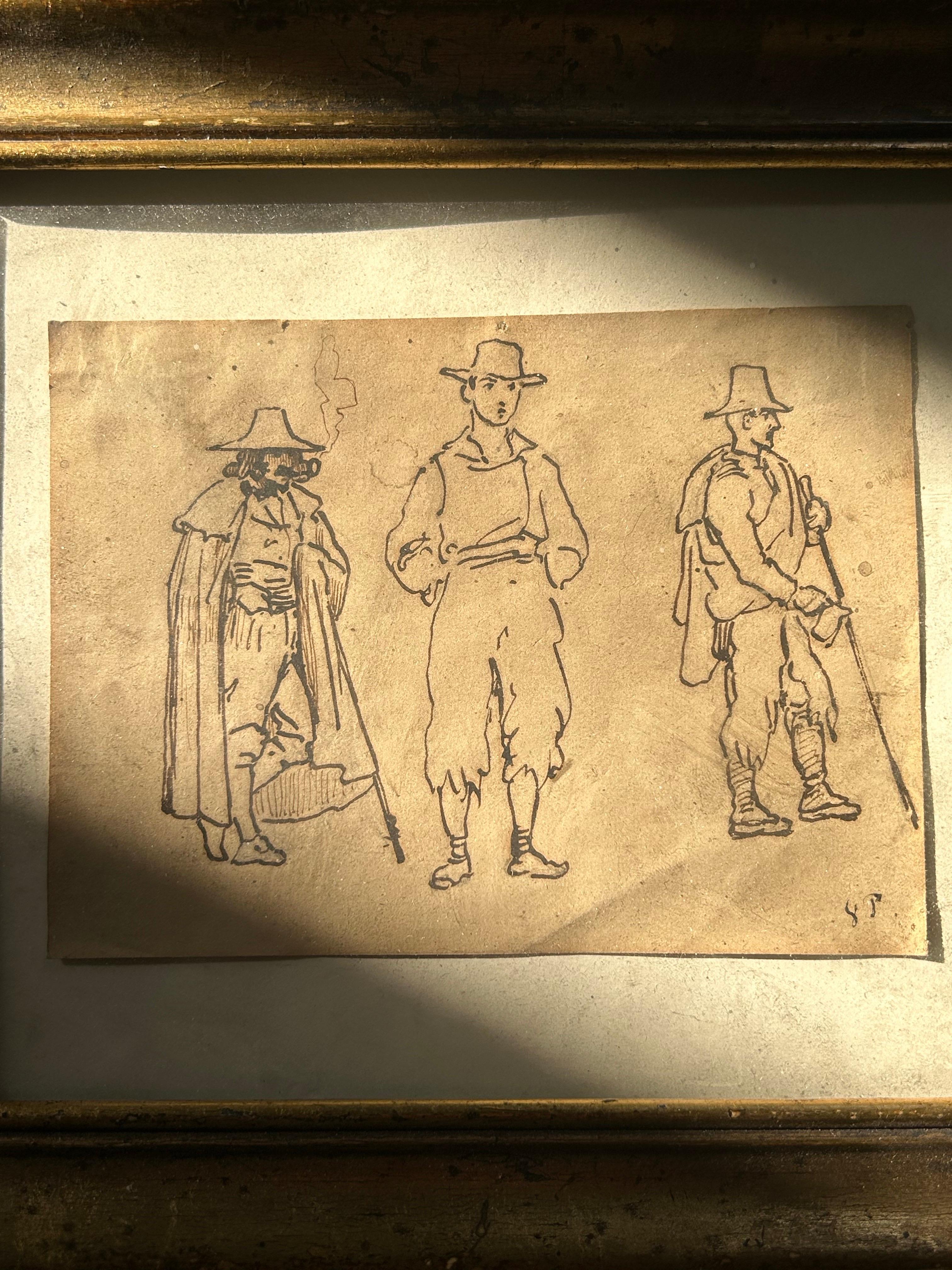 Milieu du XIXe siècle Vilhelm Pedersen (1820-1859) : Dessin à la plume de trois hommes, Italie, vers 1840 en vente