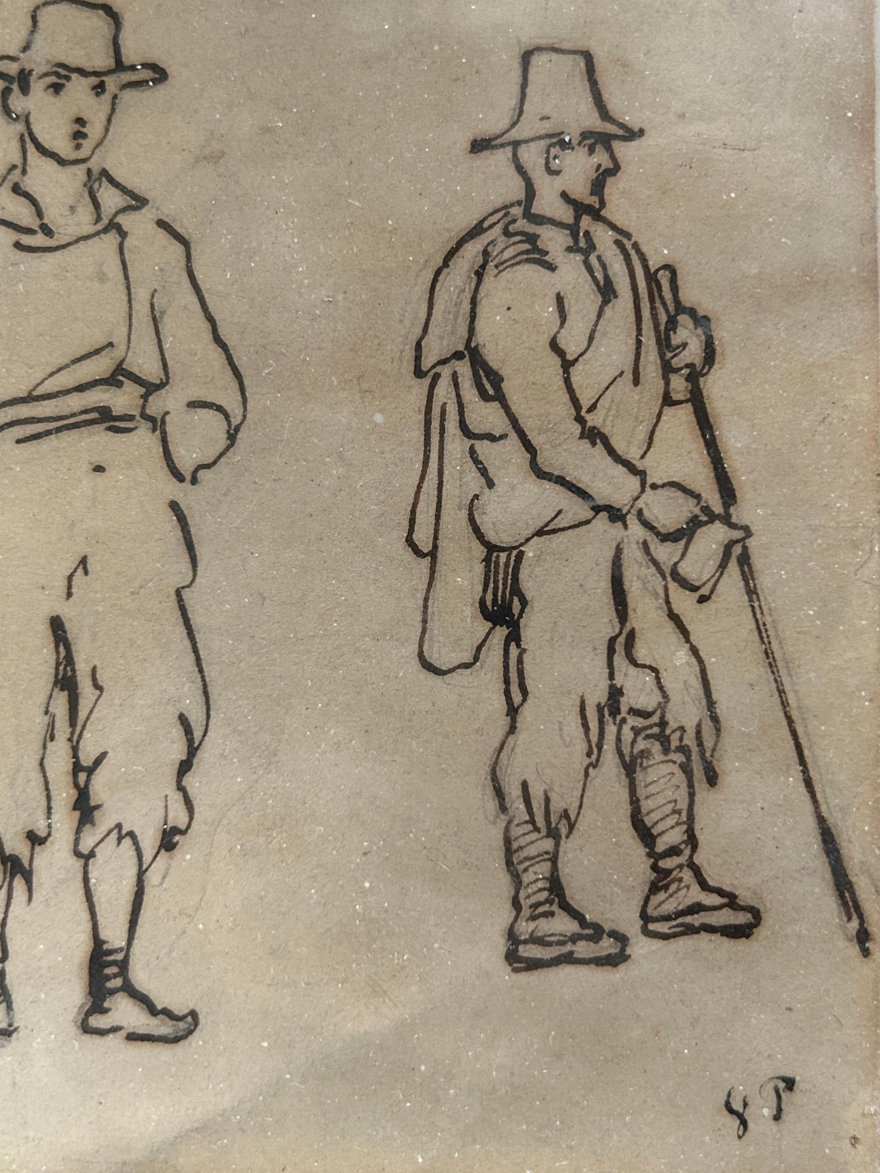 Bois doré Vilhelm Pedersen (1820-1859) : Dessin à la plume de trois hommes, Italie, vers 1840 en vente