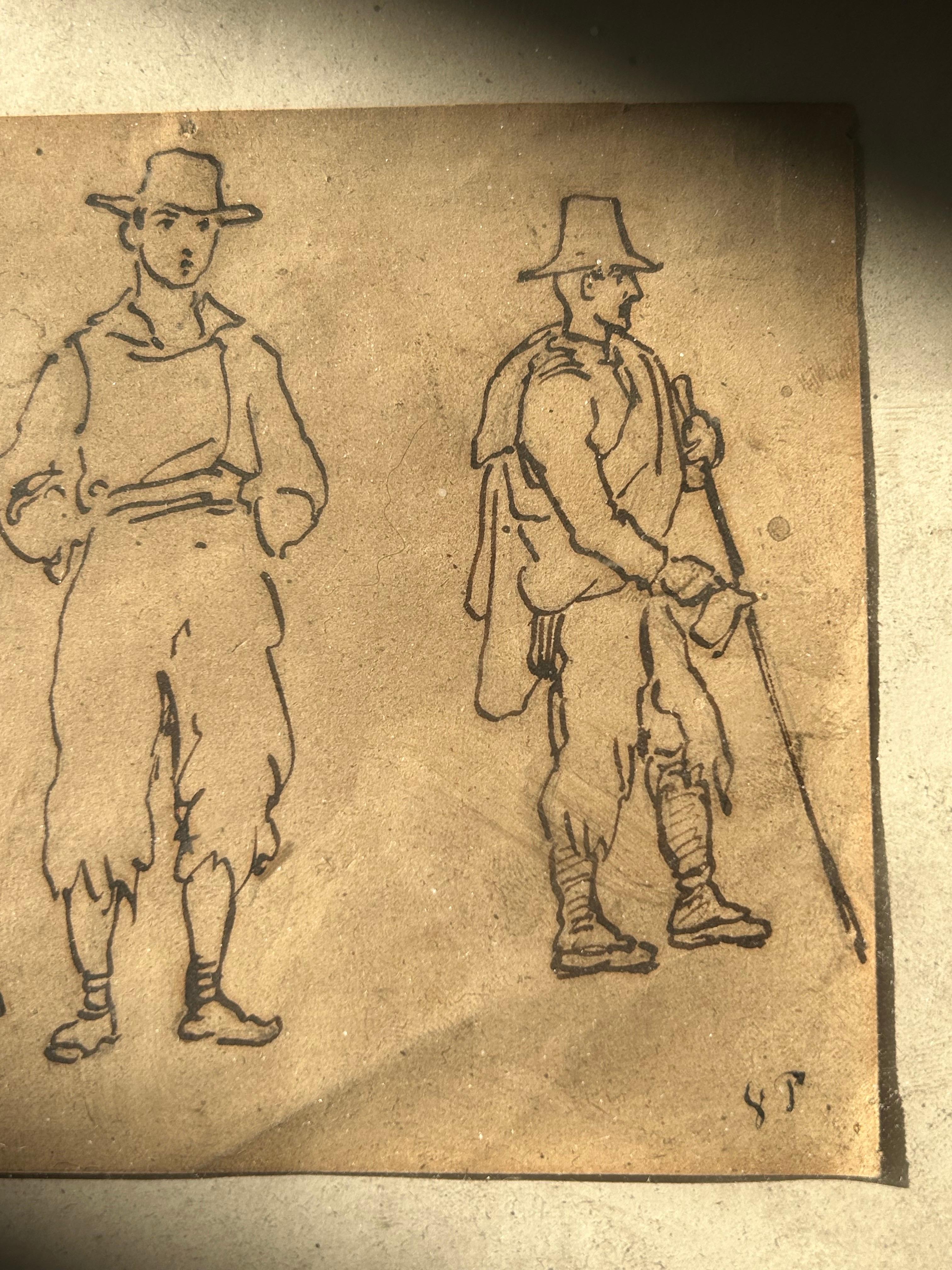 Vilhelm Pedersen (1820-1859) : Dessin à la plume de trois hommes, Italie, vers 1840 en vente 1