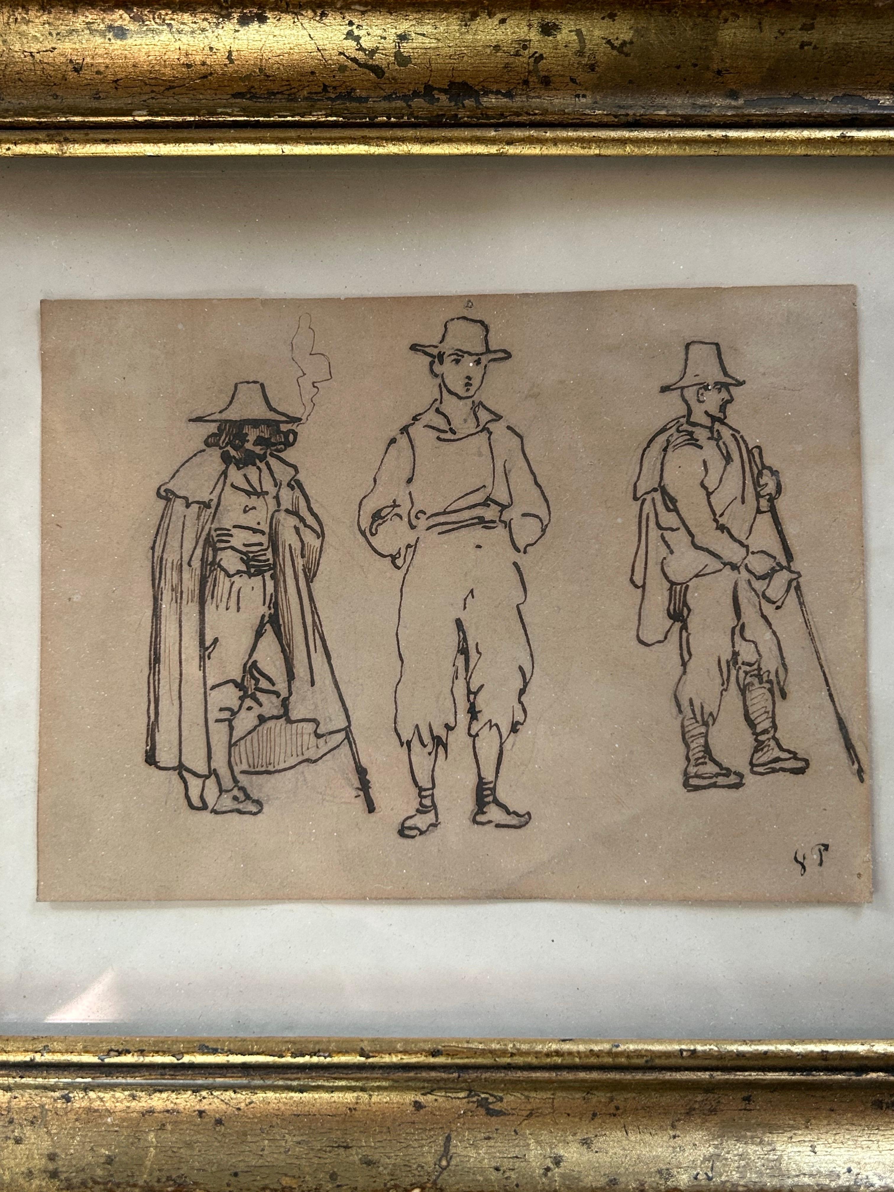 Vilhelm Pedersen (1820-1859) : Dessin à la plume de trois hommes, Italie, vers 1840 en vente 3